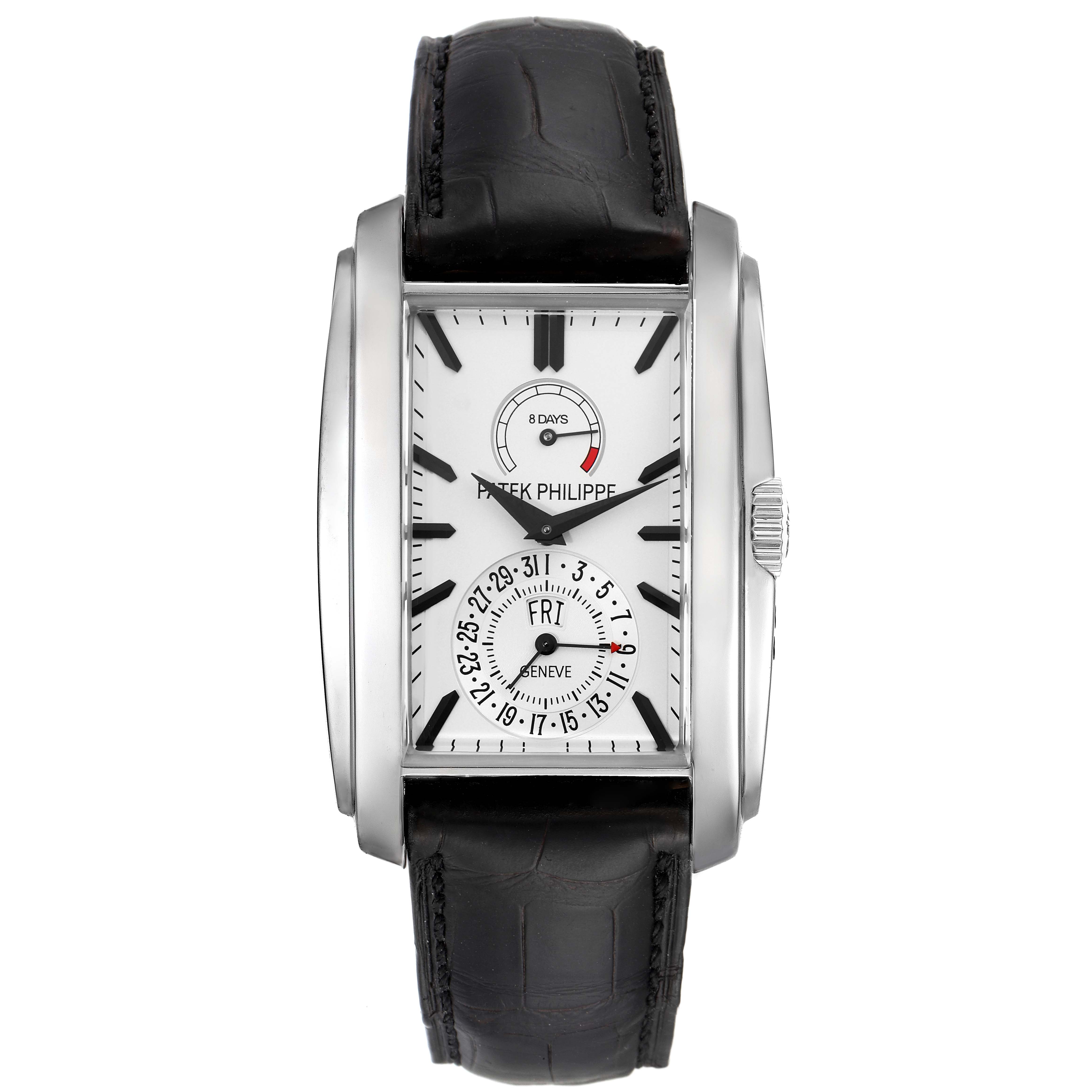 The image shows a frontal view of the Patek Philippe Gondolo 5200G-010 Men's White Gold Silver Dial 5200G-010 Men's White Gold Silver Dial watch with a black leather strap and a white dial.