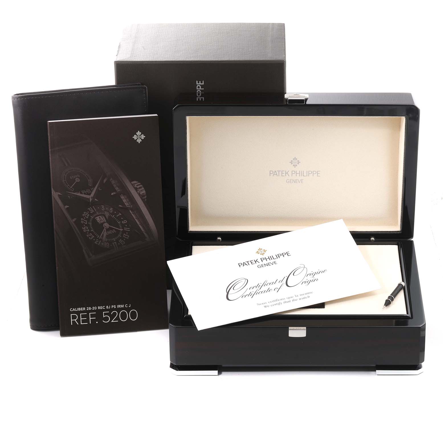 The image shows Patek Philippe Gondolo 5200G-010 Men's White Gold Silver Dial 5200G-010 Men's White Gold Silver Dial watch accessories, including a box, booklet, and certificate, viewed from the front.