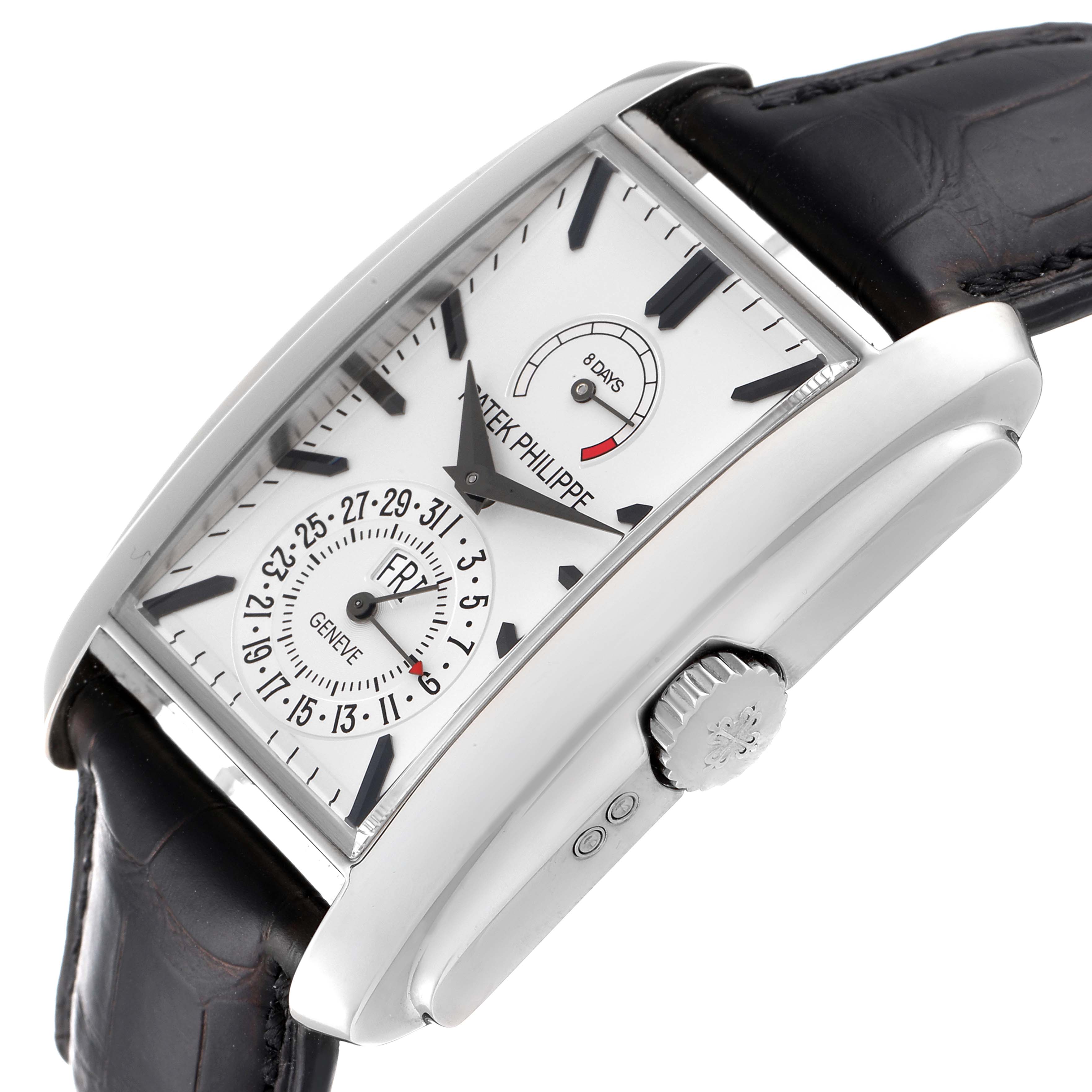 The image shows a side angle of a Patek Philippe Gondolo 5200G-010 Men's White Gold Silver Dial 5200G-010 Men's White Gold Silver Dial watch, highlighting the dial, crown, and leather strap.
