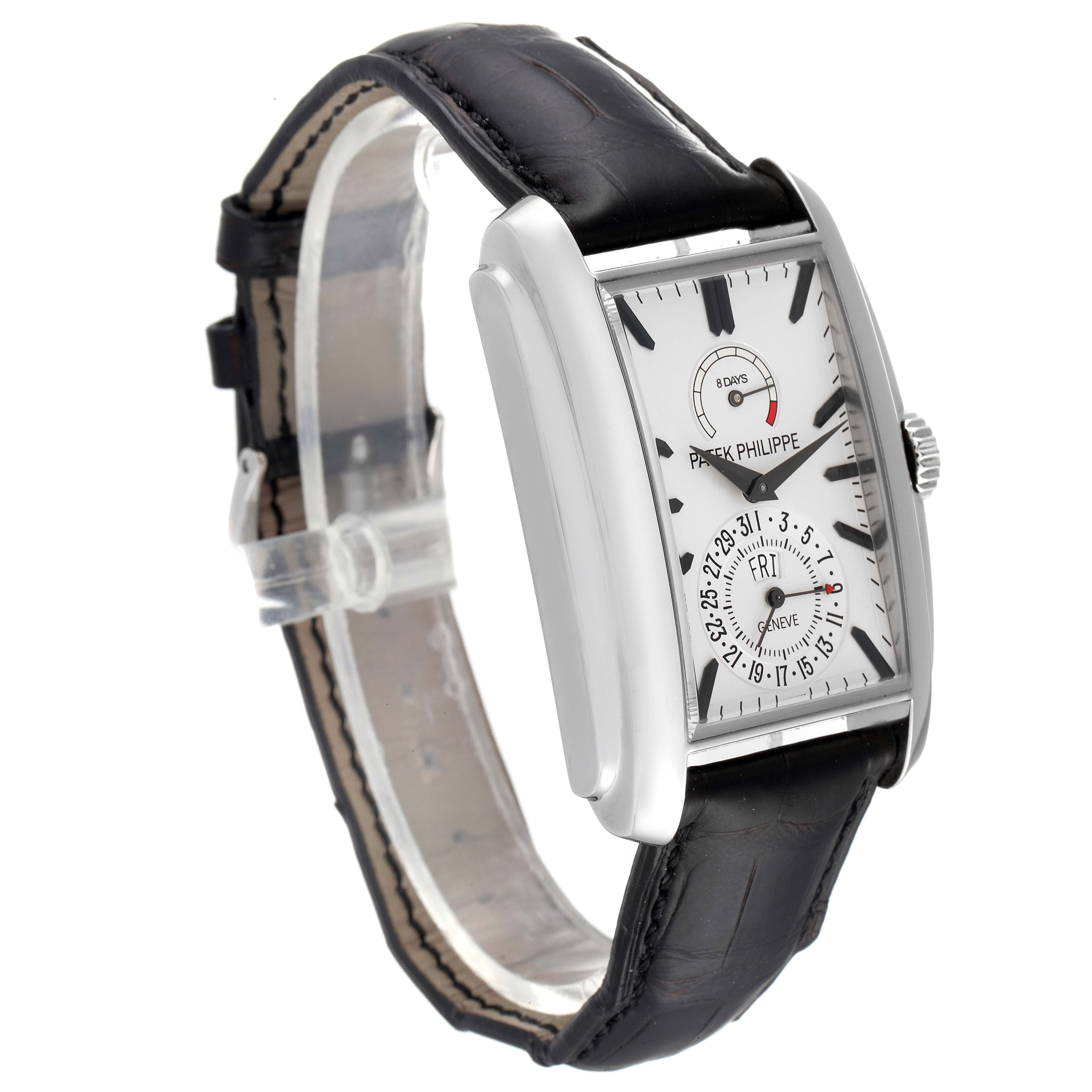 The Patek Philippe Gondolo 5200G-010 Men's White Gold Silver Dial 5200G-010 Men's White Gold Silver Dial watch is shown at an oblique angle, highlighting the face, strap, and side profile.