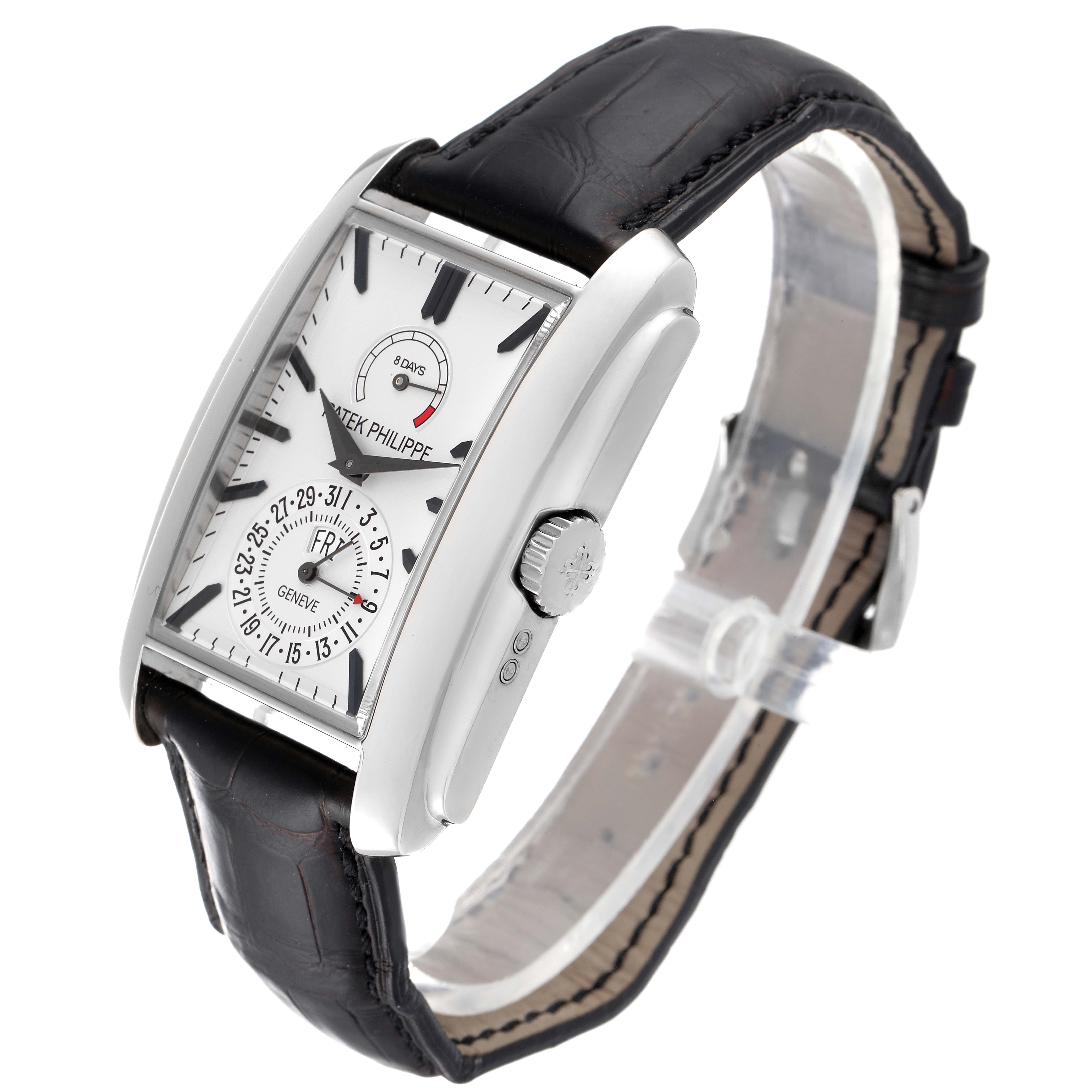 The image shows a three-quarter angle of the Patek Philippe Gondolo 5200G-010 Men's White Gold Silver Dial 5200G-010 Men's White Gold Silver Dial watch, displaying its face, case, strap, and crown.