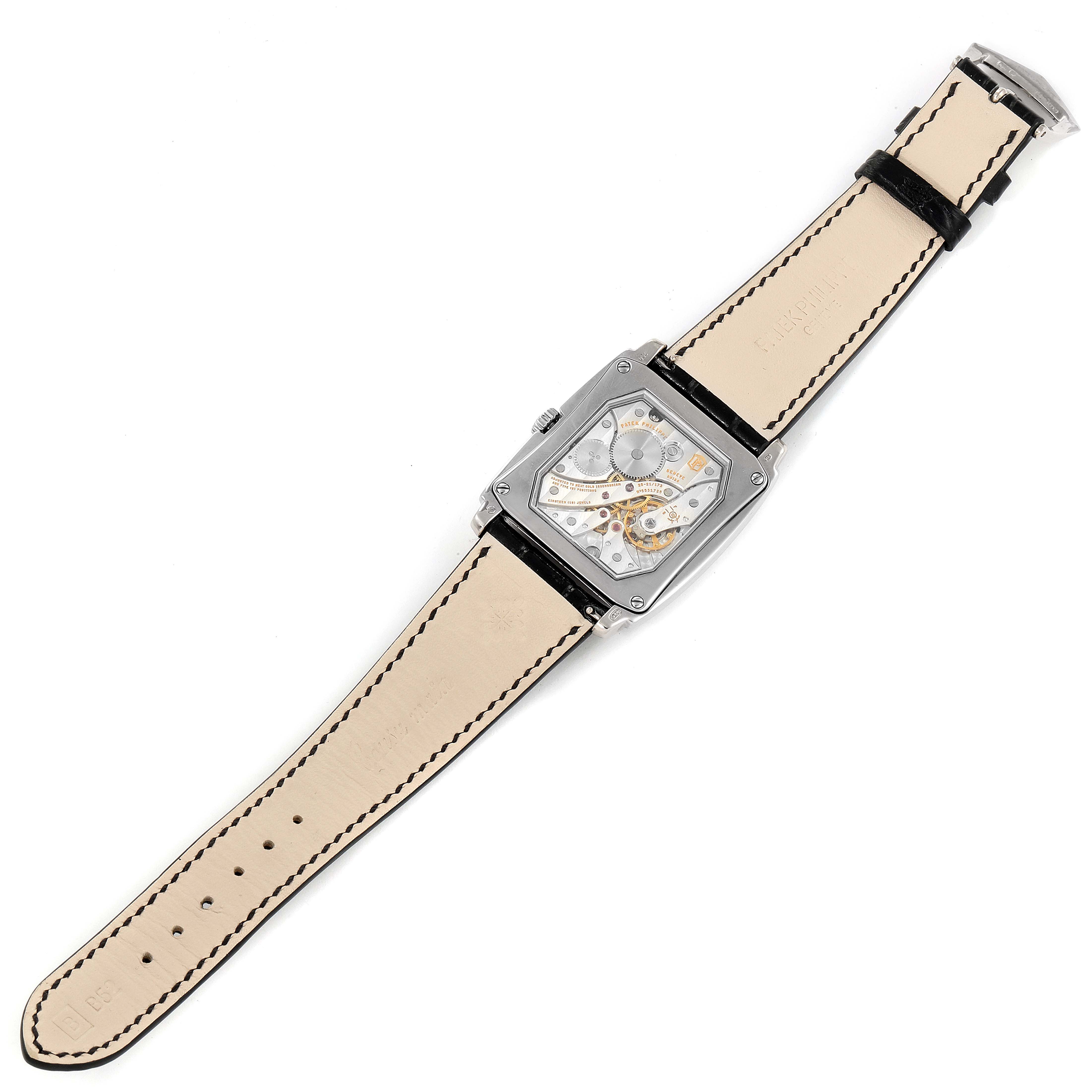 This image shows the back view of the Patek Philippe Gondolo 5124G Men's White Gold Champagne Dial 5124G Men's White Gold Champagne Dial watch, highlighting the leather strap and the mechanical movement.