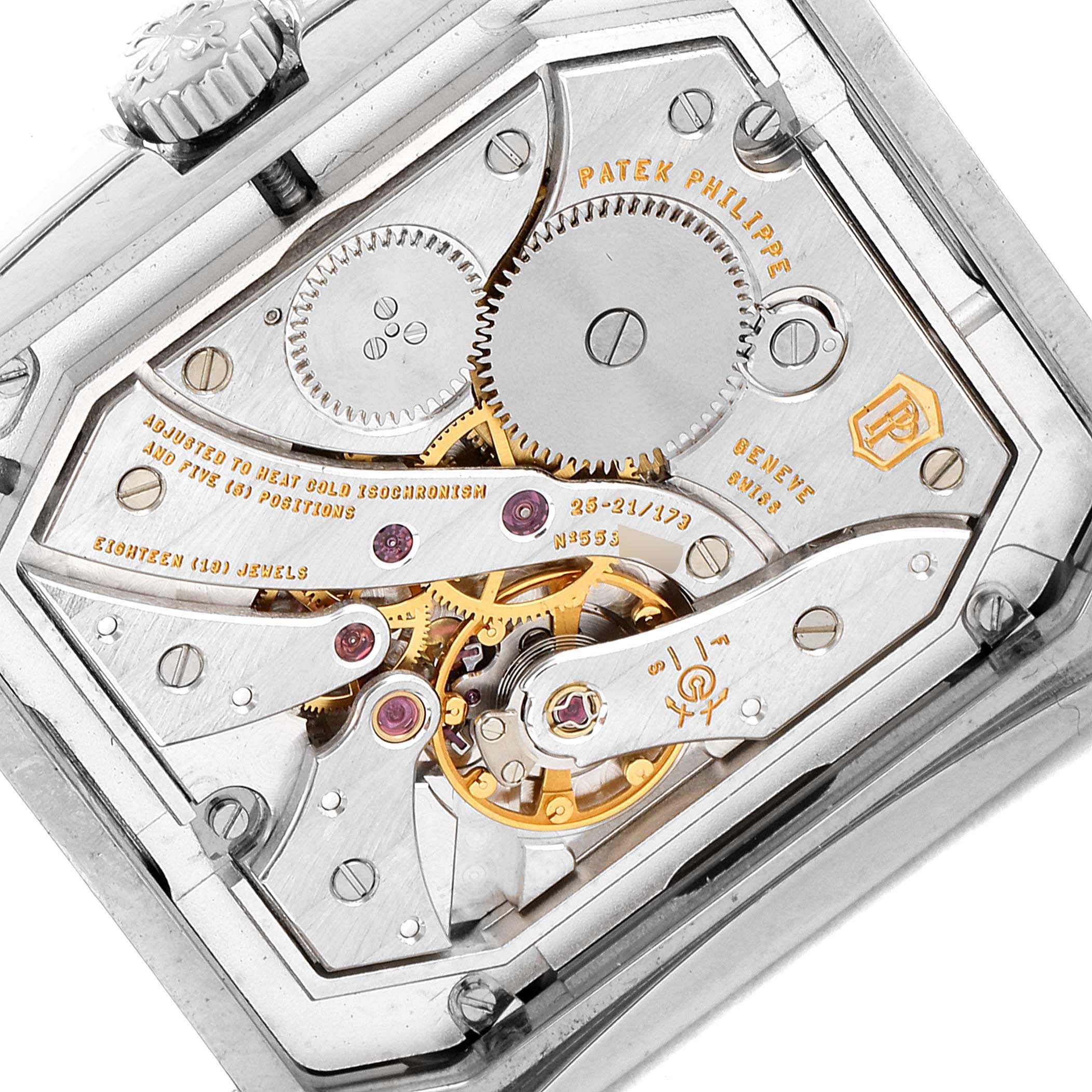 This image shows the intricate inner mechanism of the Patek Philippe Gondolo 5124G Men's White Gold Champagne Dial 5124G Men's White Gold Champagne Dial watch from a back angle.
