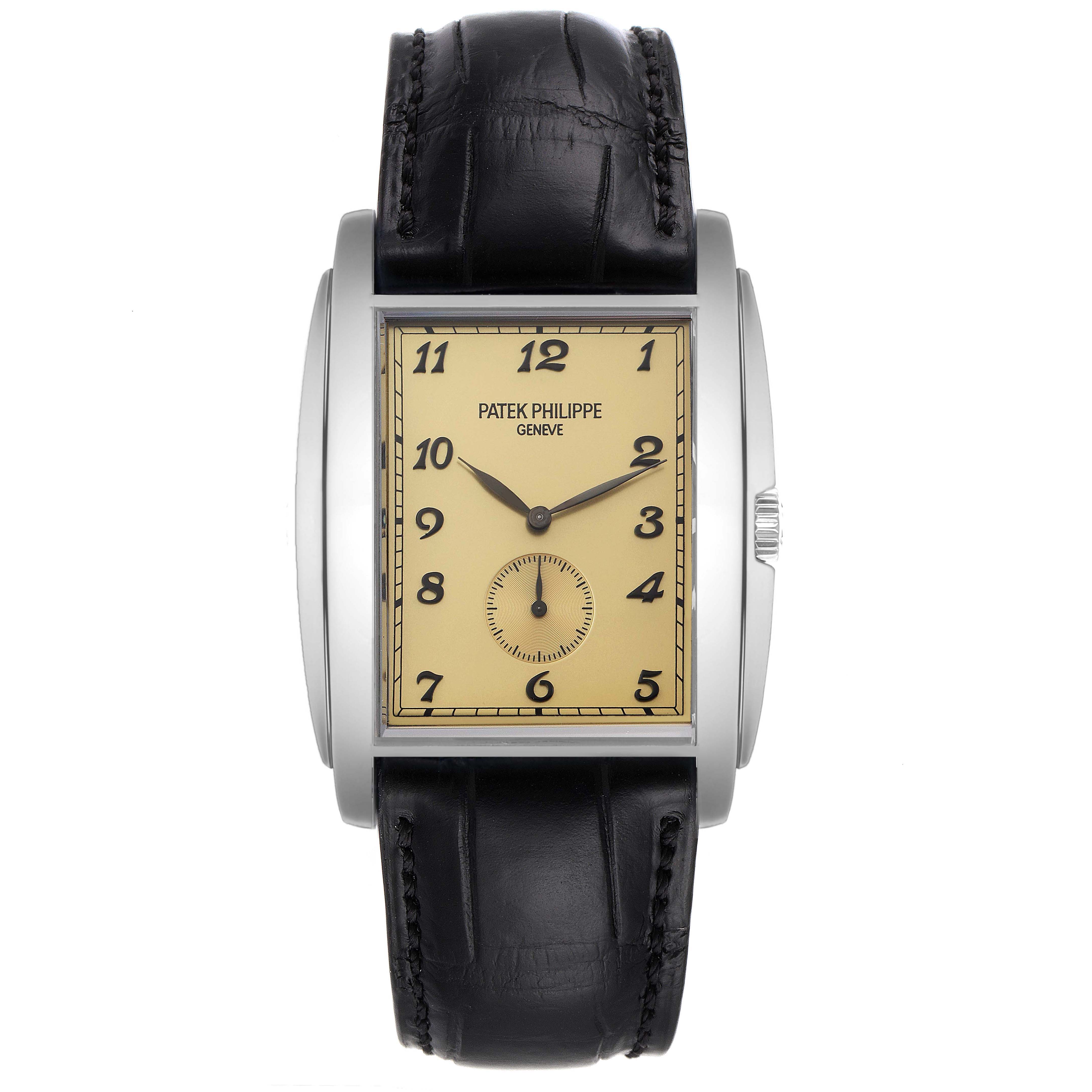 This image shows a front view of a Patek Philippe Gondolo 5124G Men's White Gold Champagne Dial 5124G Men's White Gold Champagne Dial watch, highlighting the dial, hands, and black leather strap.