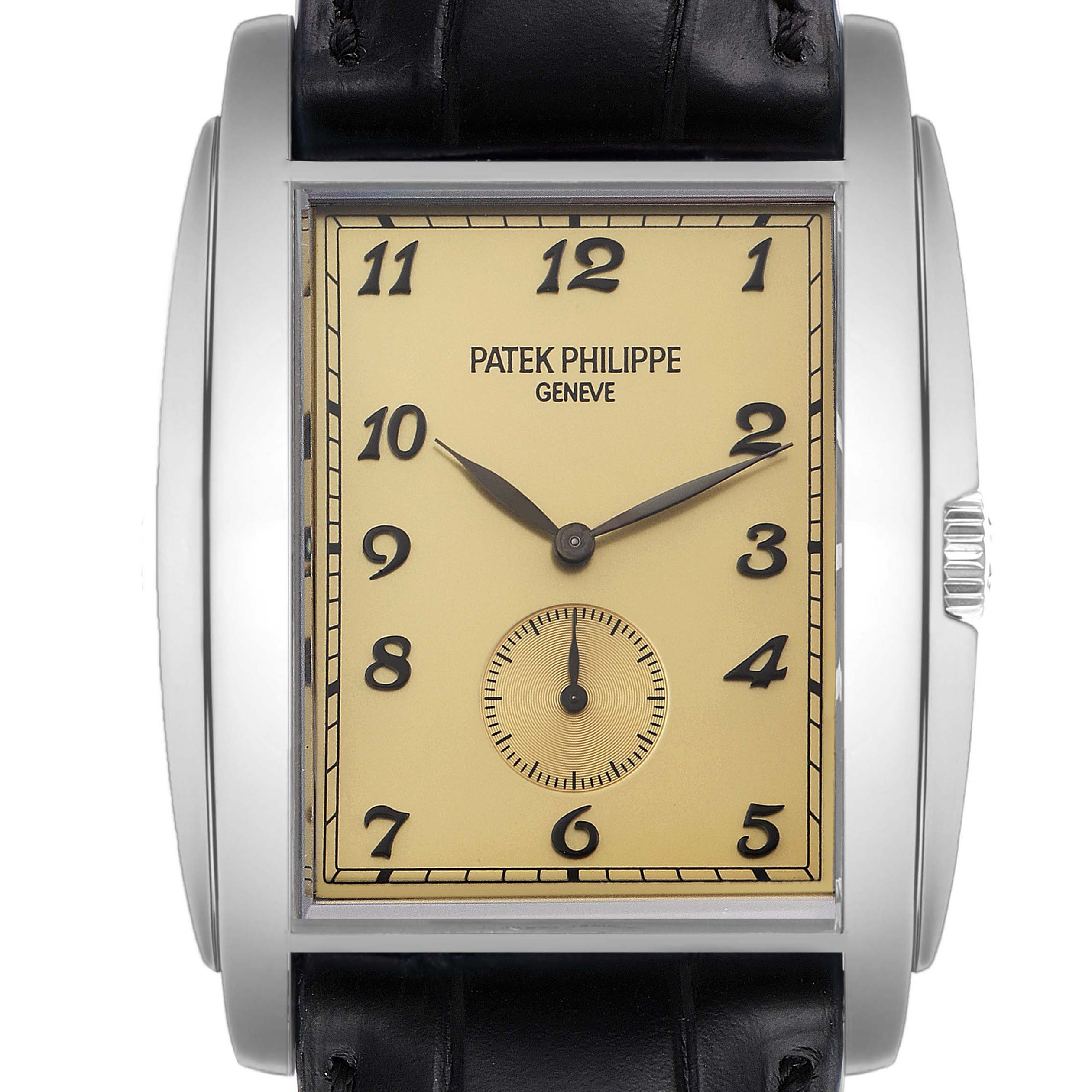 The image shows a front view of the Patek Philippe Gondolo 5124G Men's White Gold Champagne Dial 5124G Men's White Gold Champagne Dial watch, displaying the dial, hands, case, and part of the strap.