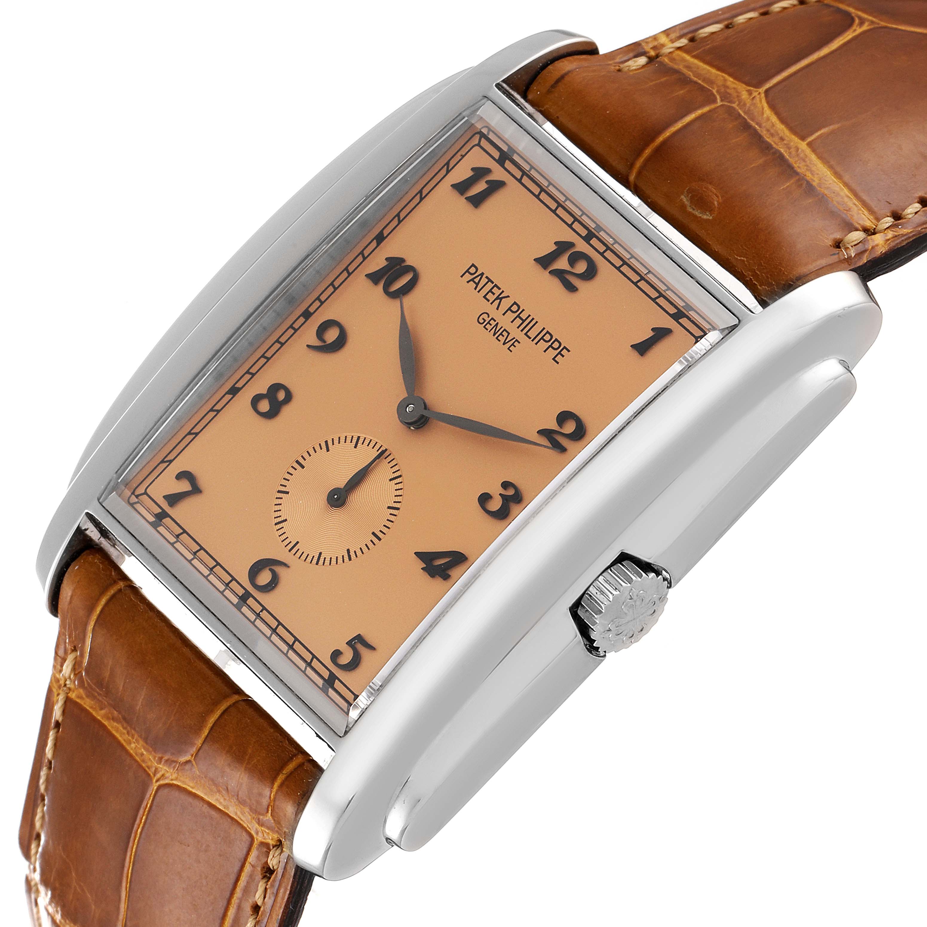 The Patek Philippe Gondolo 5124G Men's White Gold Pink Dial 5124G Men's White Gold Pink Dial watch is shown at an angled close-up, highlighting its dial, case, crown, and leather strap.