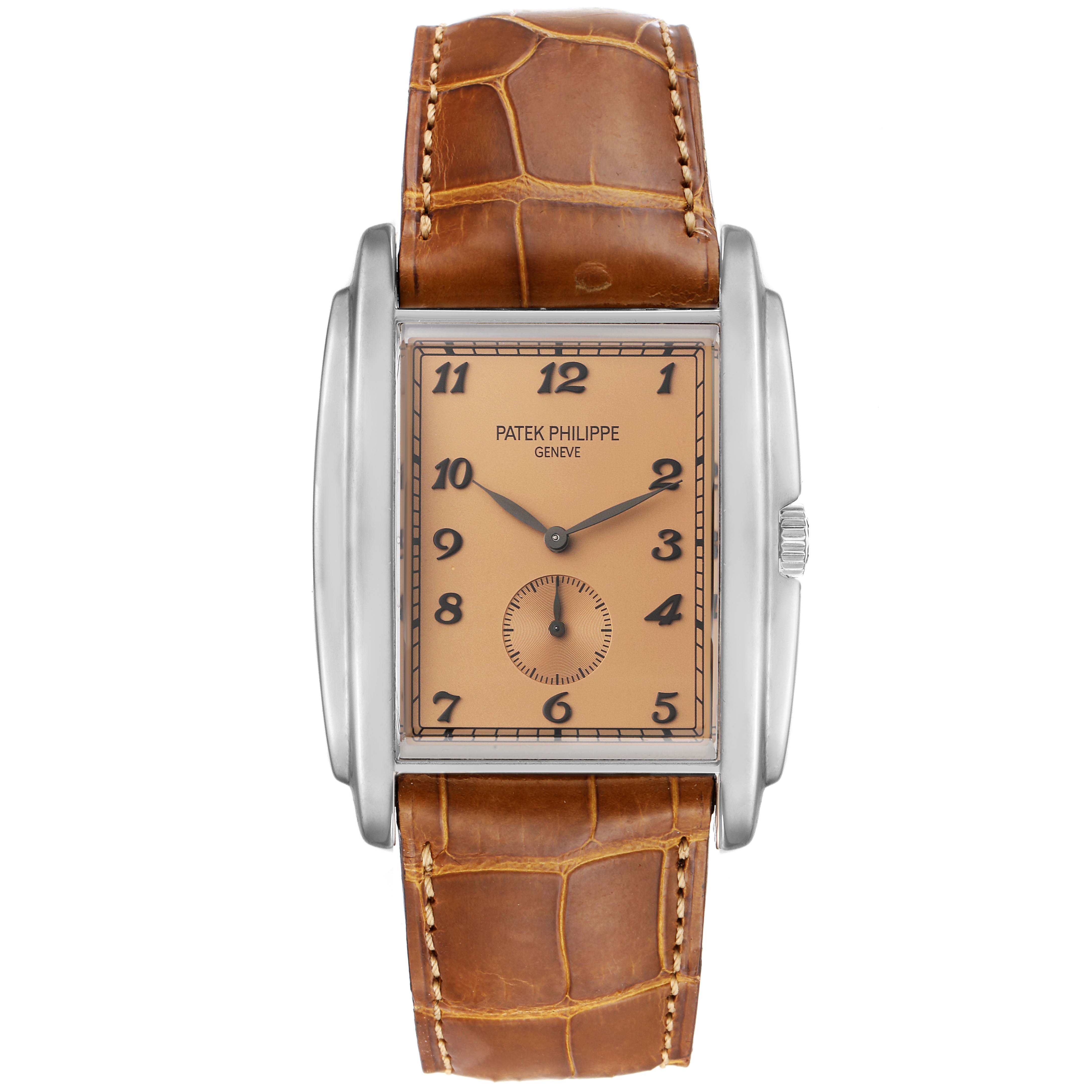 The image shows a frontal view of a Patek Philippe Gondolo 5124G Men's White Gold Pink Dial 5124G Men's White Gold Pink Dial watch with a rectangular dial and brown leather strap.