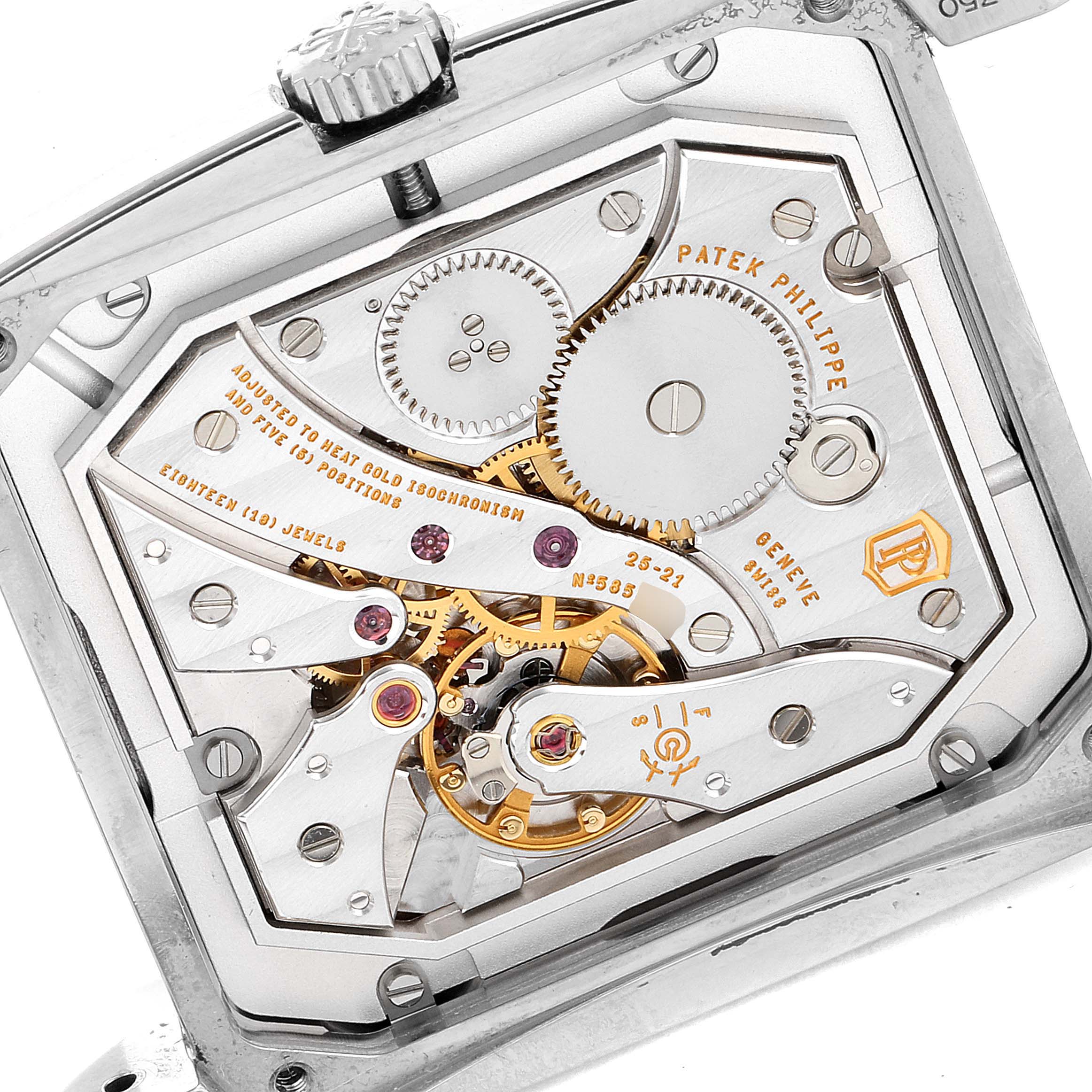 This image shows the intricate inner mechanism of the Patek Philippe Gondolo 5124G Men's White Gold Pink Dial 5124G Men's White Gold Pink Dial watch from a close-up, rear angle.