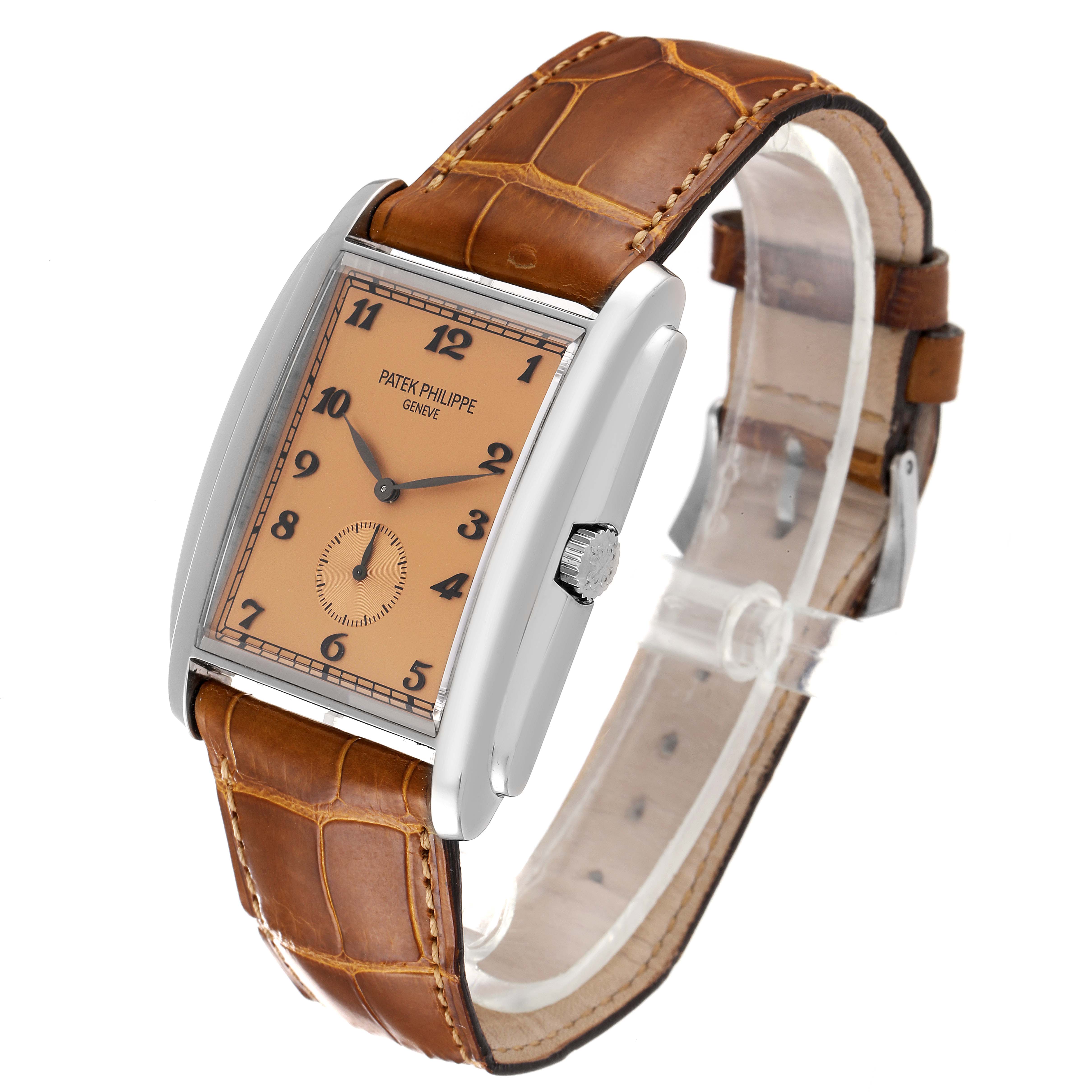 The image shows a Patek Philippe Gondolo 5124G Men's White Gold Pink Dial 5124G Men's White Gold Pink Dial watch at a slight angle, highlighting its dial, case, crown, and leather strap.