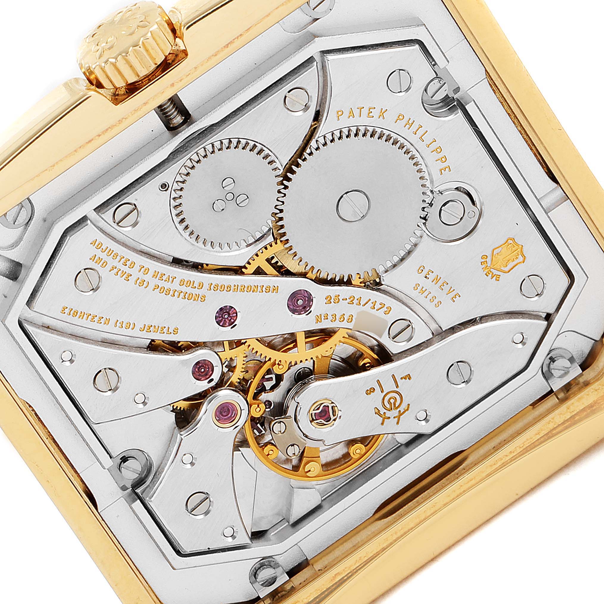 The image shows the intricate internal mechanism of the Patek Philippe Gondolo 5124J Men's Yellow Gold Silver Dial 5124J Men's Yellow Gold Silver Dial watch from the back angle.