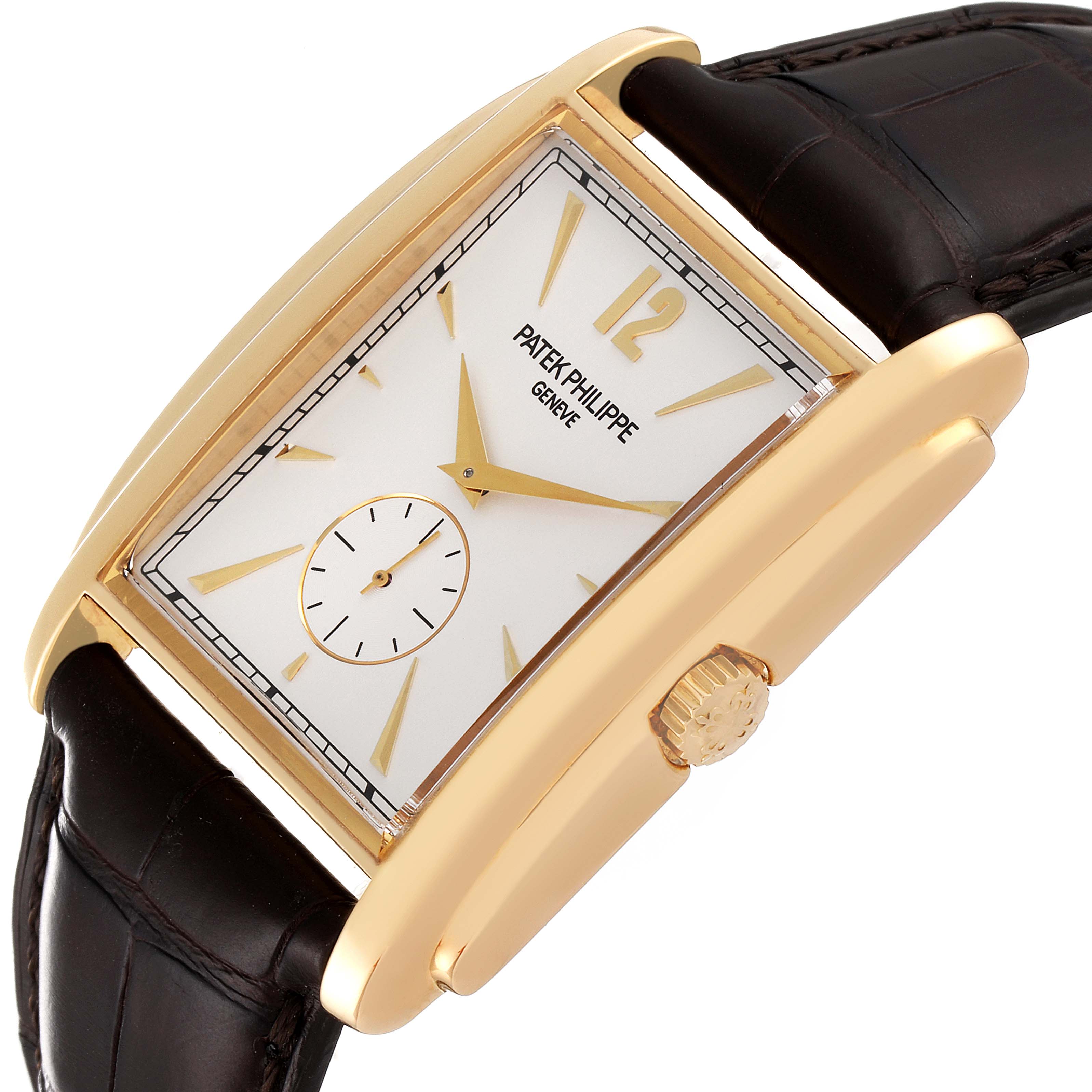 The image shows a close-up, angled view of the Patek Philippe Gondolo 5124J Men's Yellow Gold Silver Dial 5124J Men's Yellow Gold Silver Dial watch, featuring its dial, crown, and leather strap.