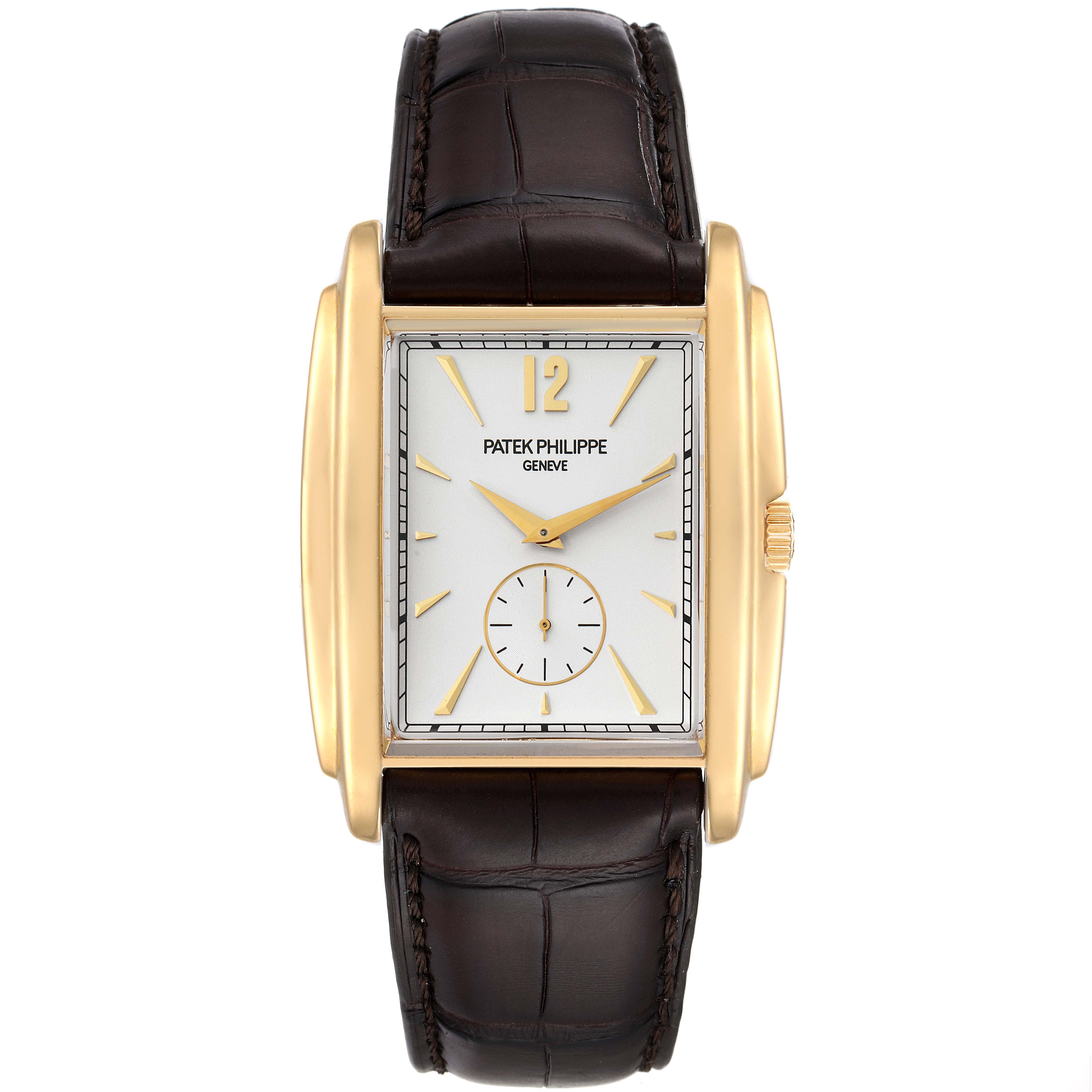 The image shows a front view of a Patek Philippe Gondolo 5124J Men's Yellow Gold Silver Dial 5124J Men's Yellow Gold Silver Dial watch with a rectangular dial and a brown leather strap.