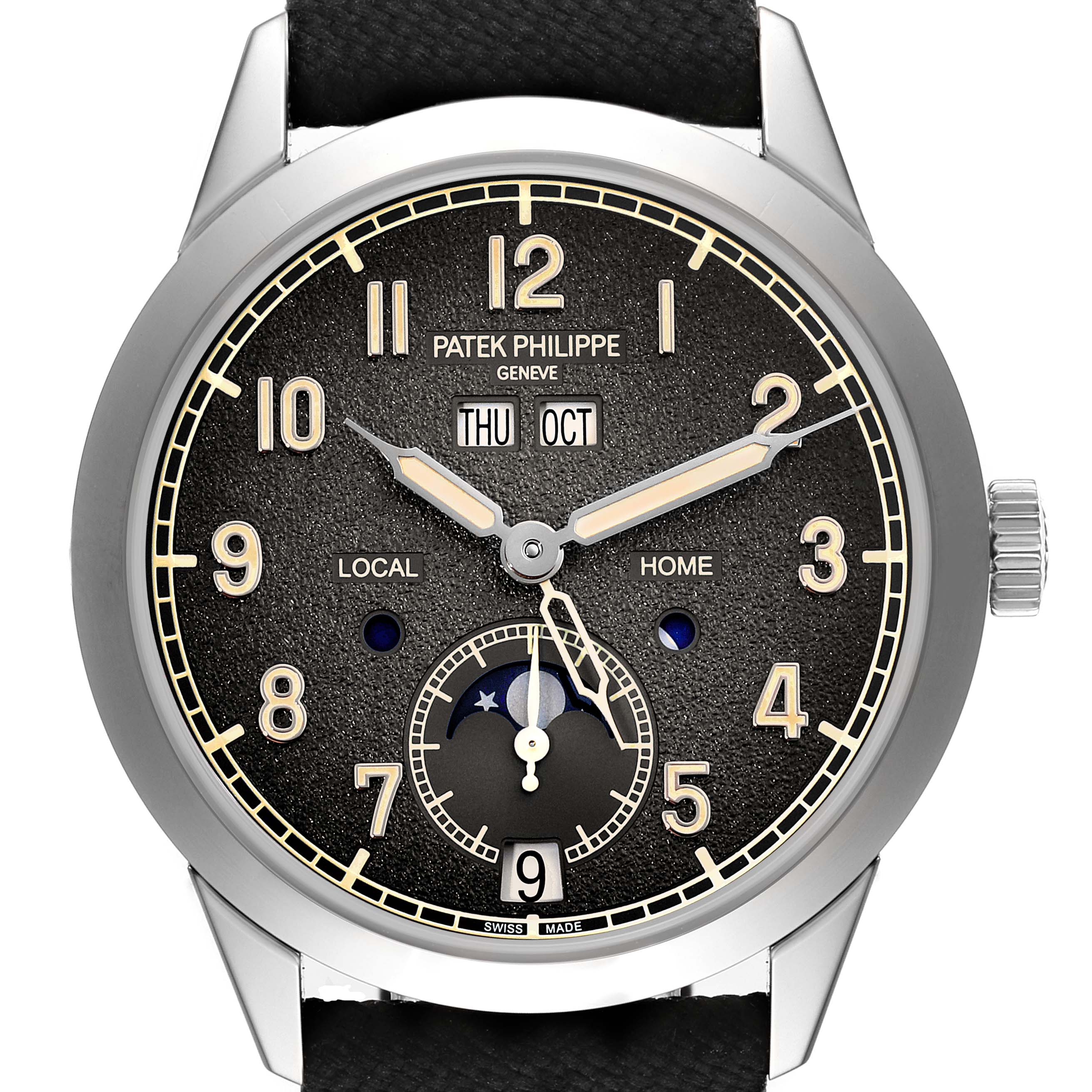 The Patek Philippe Complications 5326G-001 Men's White Gold Grey Dial 5326G-001 Men's White Gold Grey Dial model is shown from a front angle, displaying the dial, hands, date, local/home time, and moon phase features.