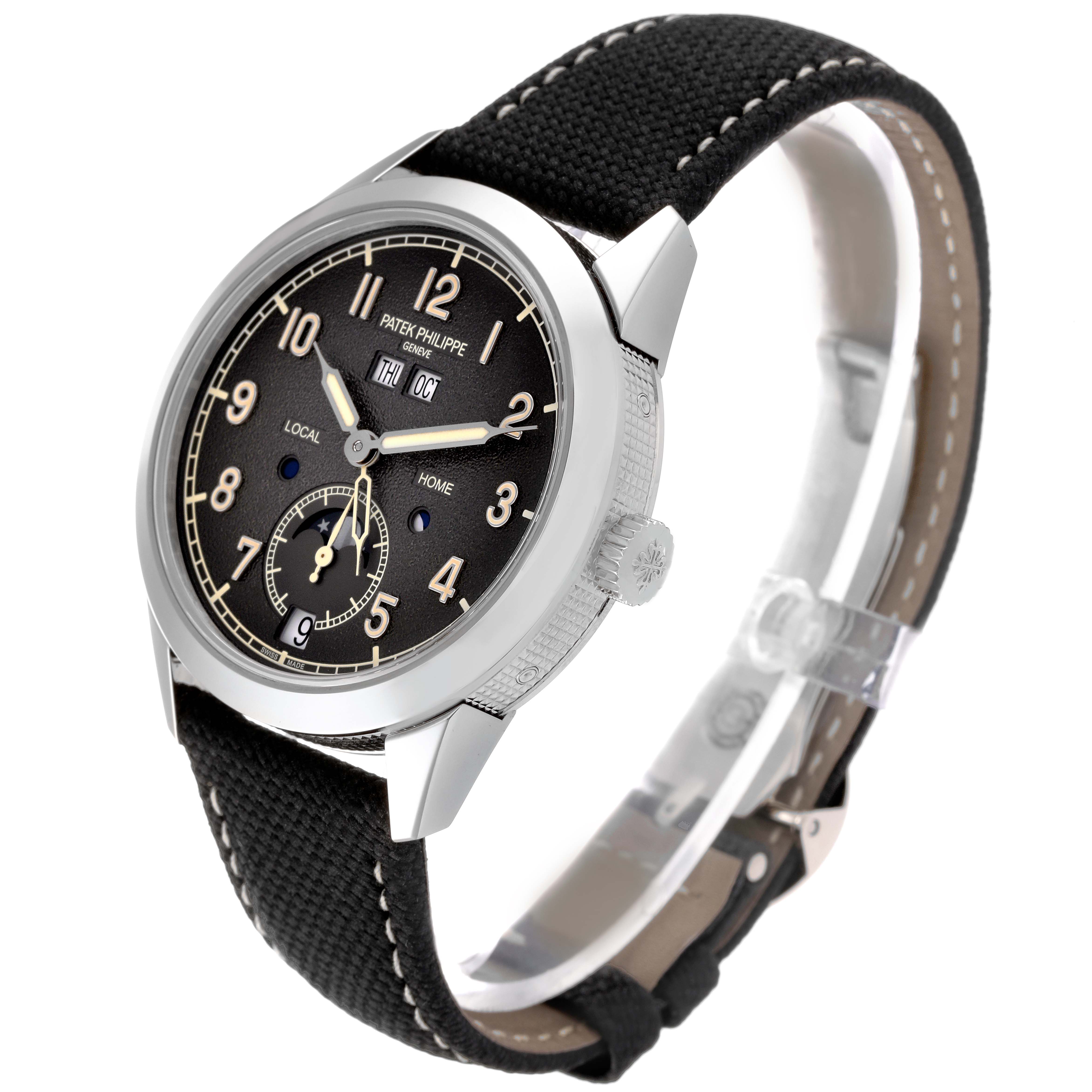 The image shows a Patek Philippe Complications 5326G-001 Men's White Gold Grey Dial 5326G-001 Men's White Gold Grey Dial model watch from an angled view highlighting the face, case, crown, and strap.