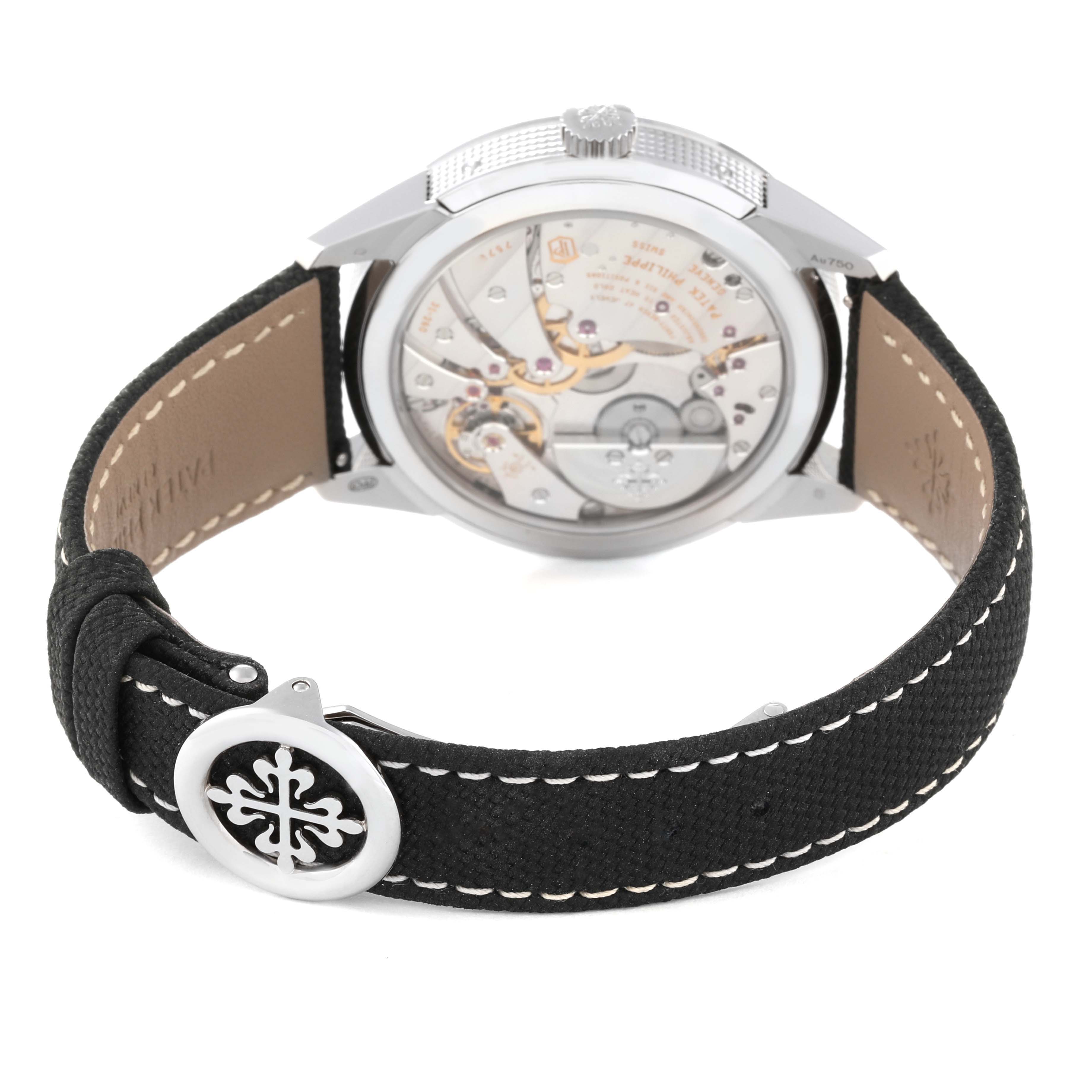 The image shows the back view of the Patek Philippe Complications 5326G-001 Men's White Gold Grey Dial 5326G-001 Men's White Gold Grey Dial model, highlighting the movement and strap.