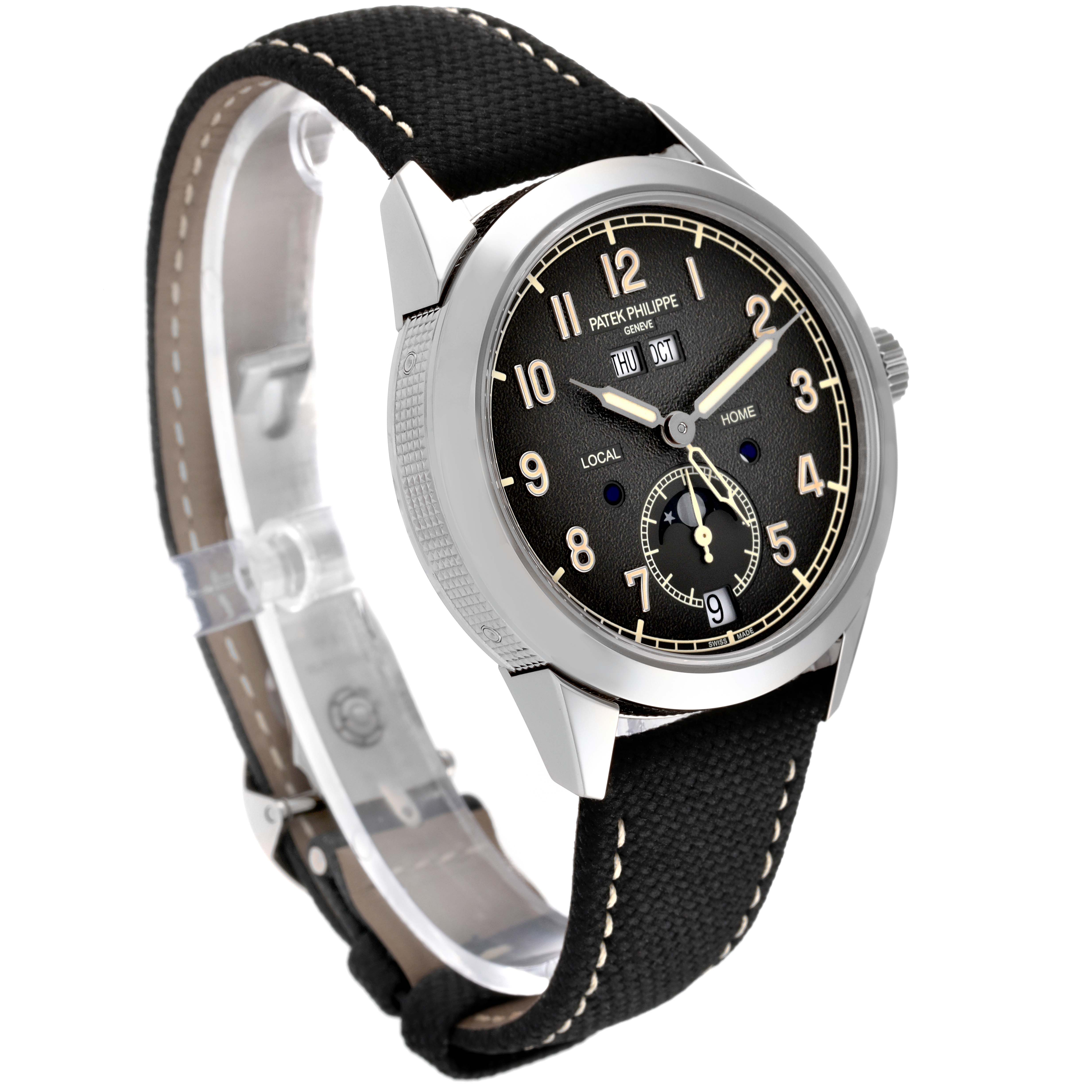 The image shows a Patek Philippe Complications 5326G-001 Men's White Gold Grey Dial 5326G-001 Men's White Gold Grey Dial model watch at an angle that displays the face, strap, and bezel clearly.