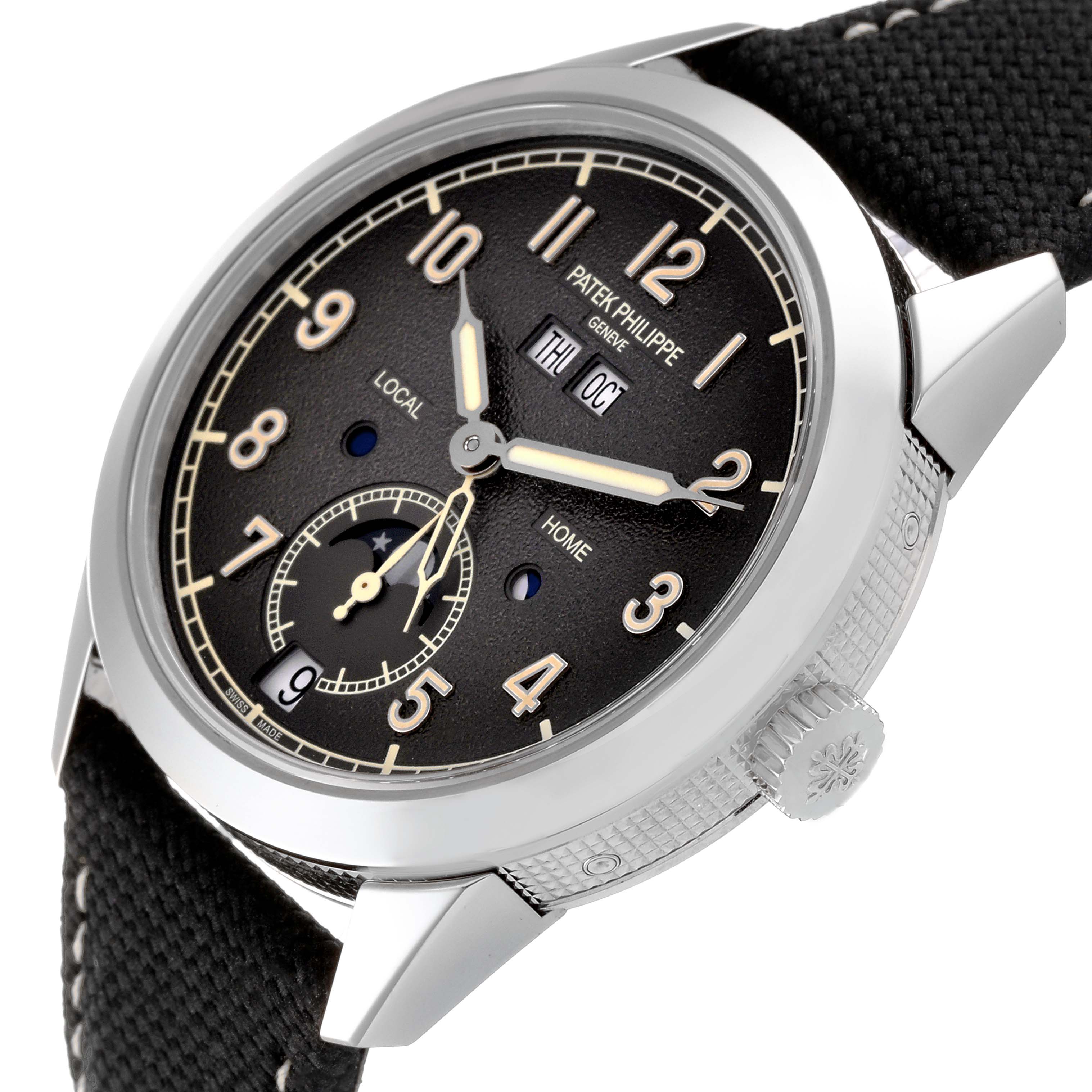 The image shows a Patek Philippe Complications 5326G-001 Men's White Gold Grey Dial 5326G-001 Men's White Gold Grey Dial model watch from an angled side view, highlighting the dial, case, and crown.