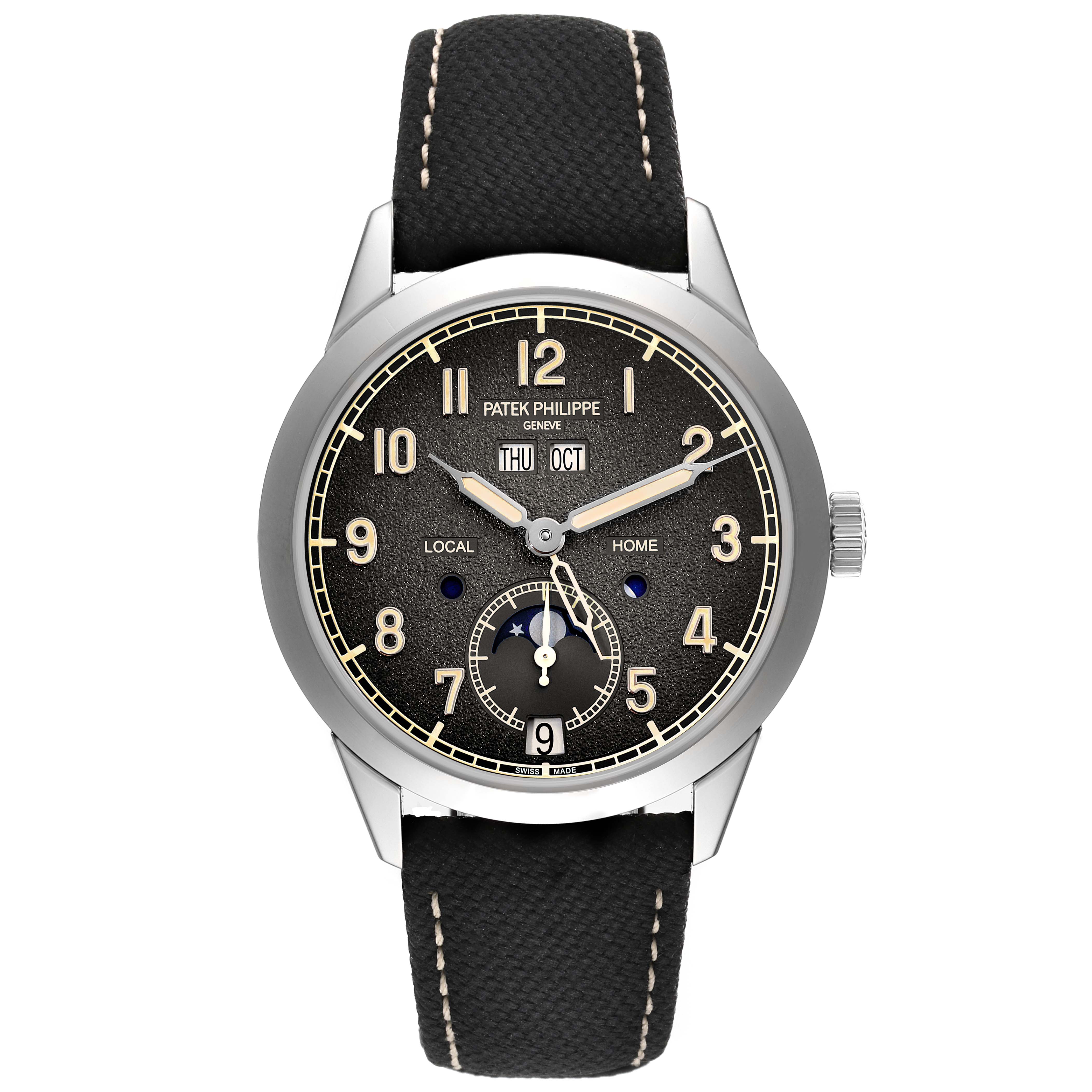 This image shows a head-on view of the Patek Philippe Complications 5326G-001 Men's White Gold Grey Dial 5326G-001 Men's White Gold Grey Dial model watch, displaying the dial, hands, numbers, and strap.