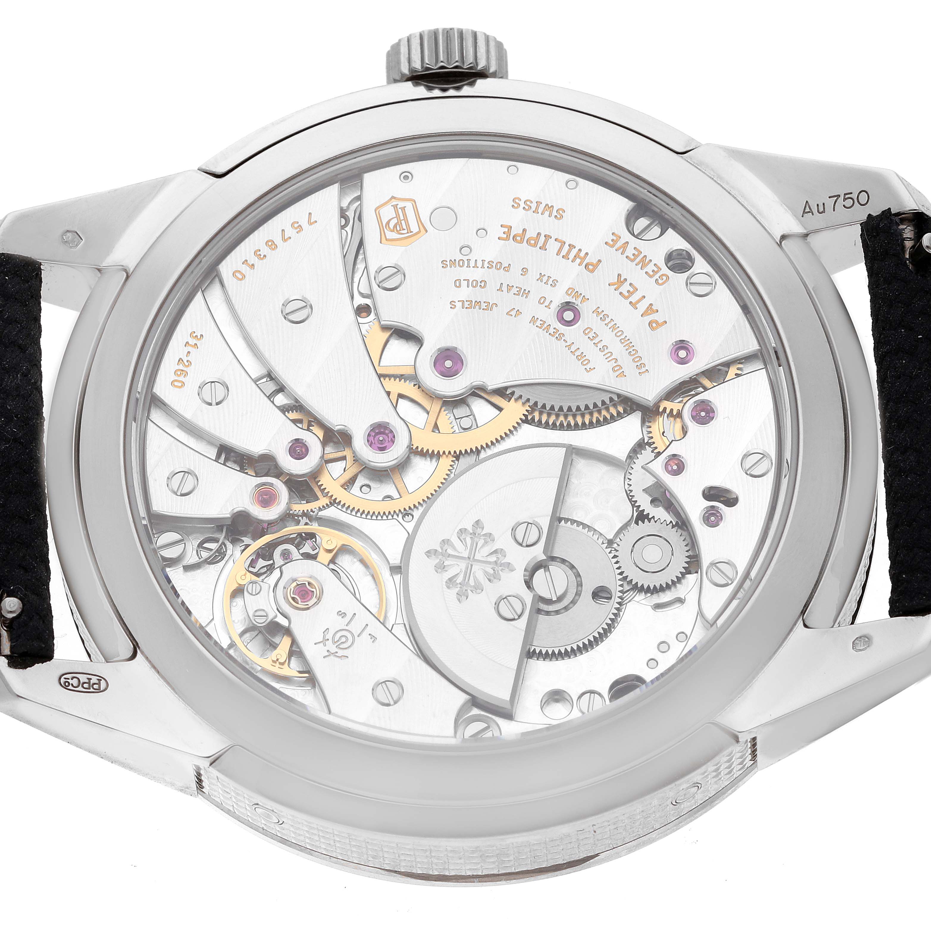 This image shows the back view of a Patek Philippe Complications 5326G-001 Men's White Gold Grey Dial 5326G-001 Men's White Gold Grey Dial model, highlighting its intricate mechanical movement.