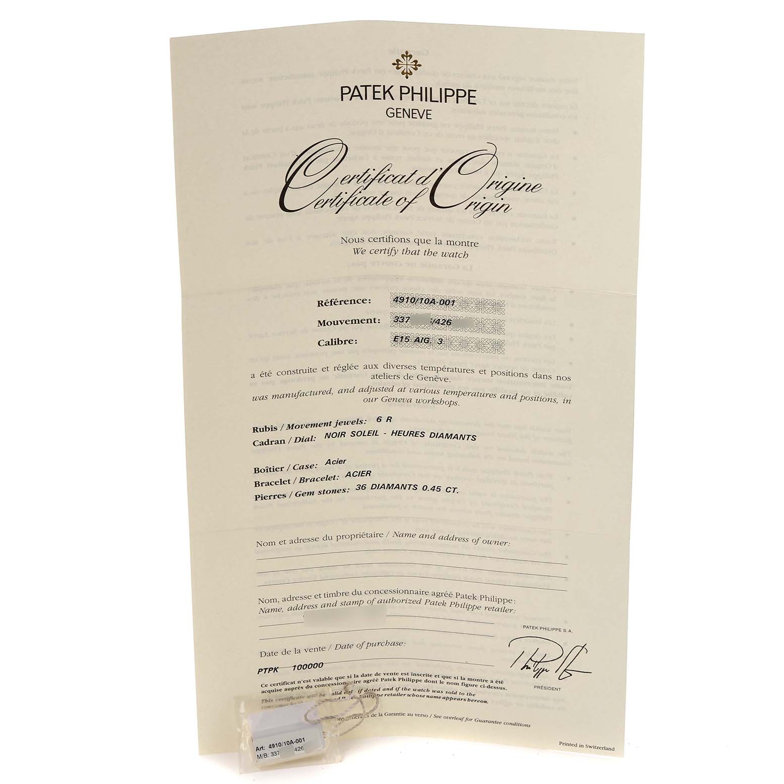 The image shows the Certificate of Origin for a Patek Philippe Twenty-4 4910/10A-001 Women's Stainless Steel Black Dial 4910/10A-001 Women's Stainless Steel Black Dial watch, displayed at an angle.
