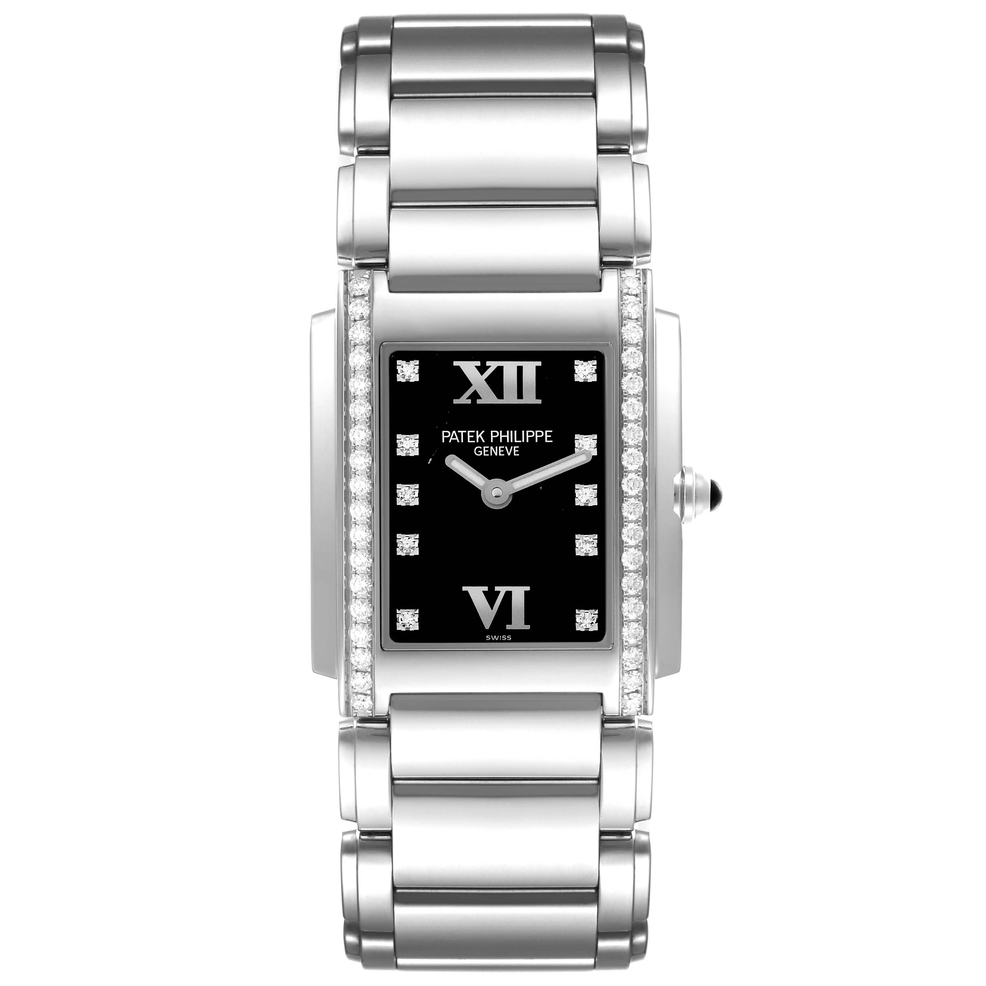 The Patek Philippe Twenty-4 4910/10A-001 Women's Stainless Steel Black Dial 4910/10A-001 Women's Stainless Steel Black Dial watch is shown from a top-down view, highlighting its rectangular face, bracelet, and diamond accents.