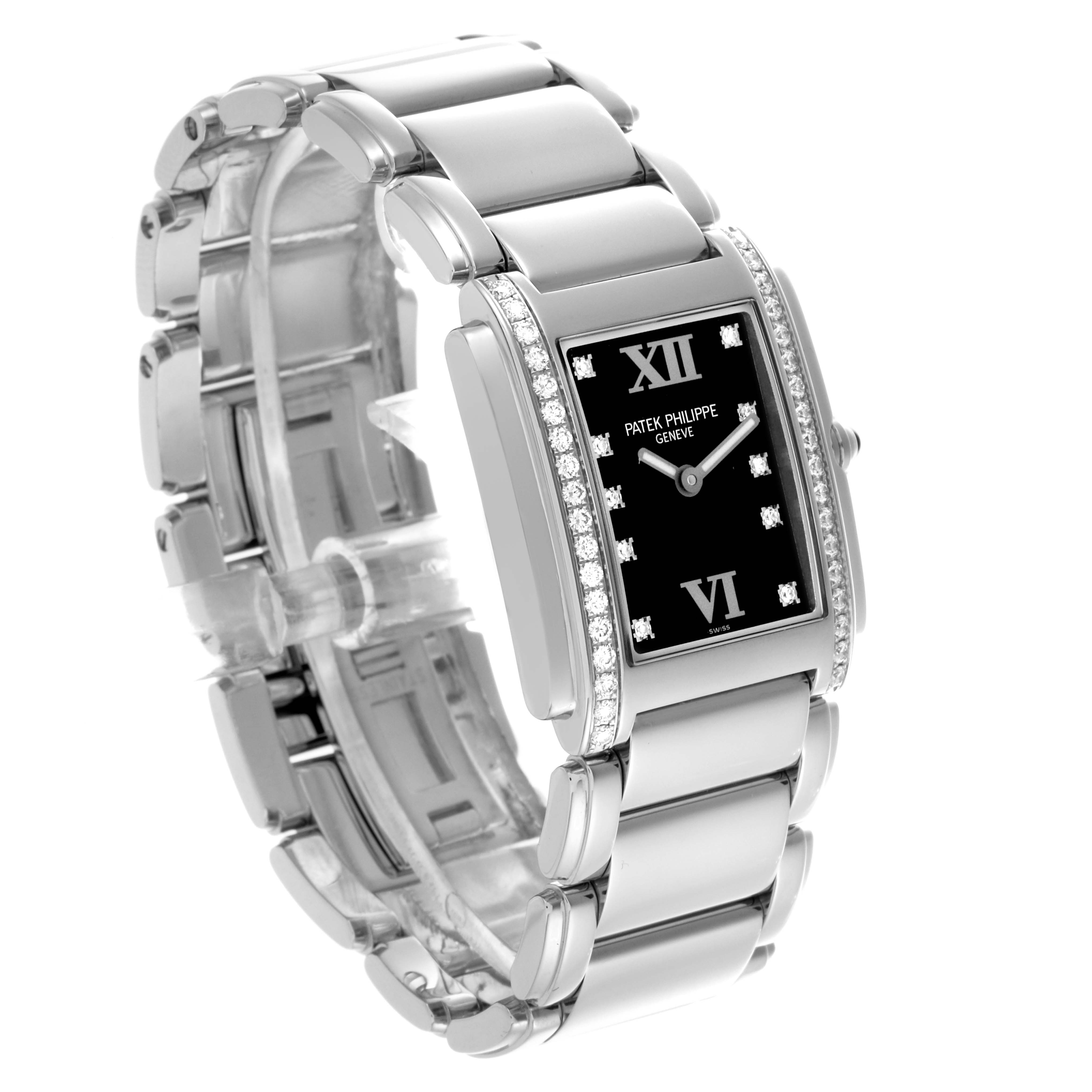 The Patek Philippe Twenty-4 4910/10A-001 Women's Stainless Steel Black Dial 4910/10A-001 Women's Stainless Steel Black Dial watch is shown at a side angle, highlighting the face, bezel with diamonds, and bracelet.
