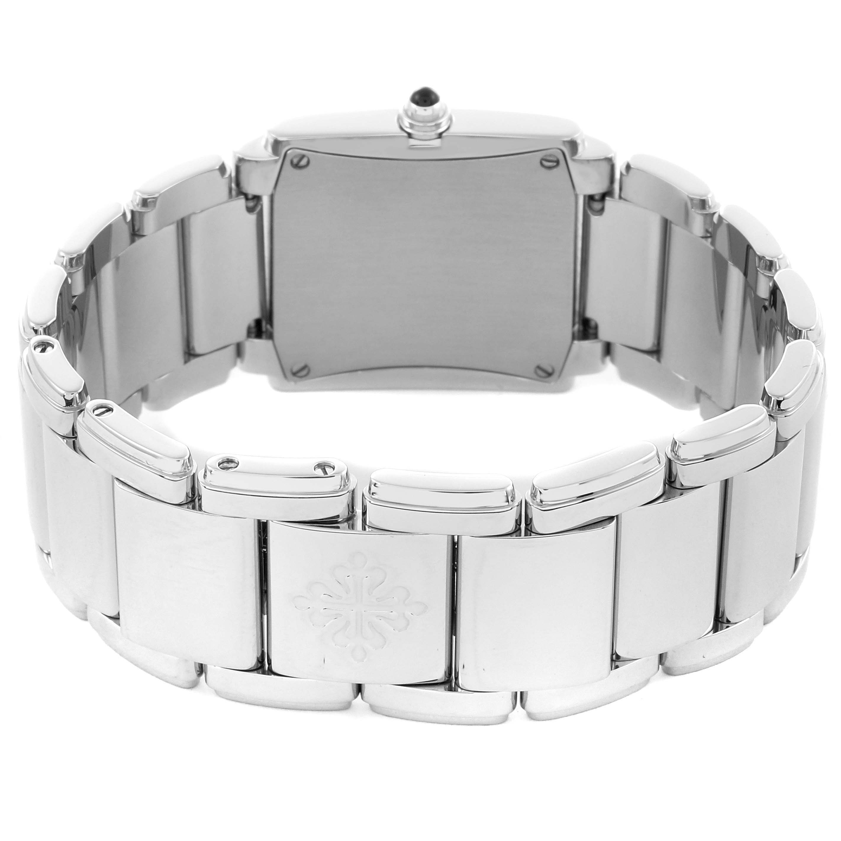 The image shows the backside of a Patek Philippe Twenty-4 4910/10A-001 Women's Stainless Steel Black Dial 4910/10A-001 Women's Stainless Steel Black Dial watch, highlighting its bracelet and clasp.