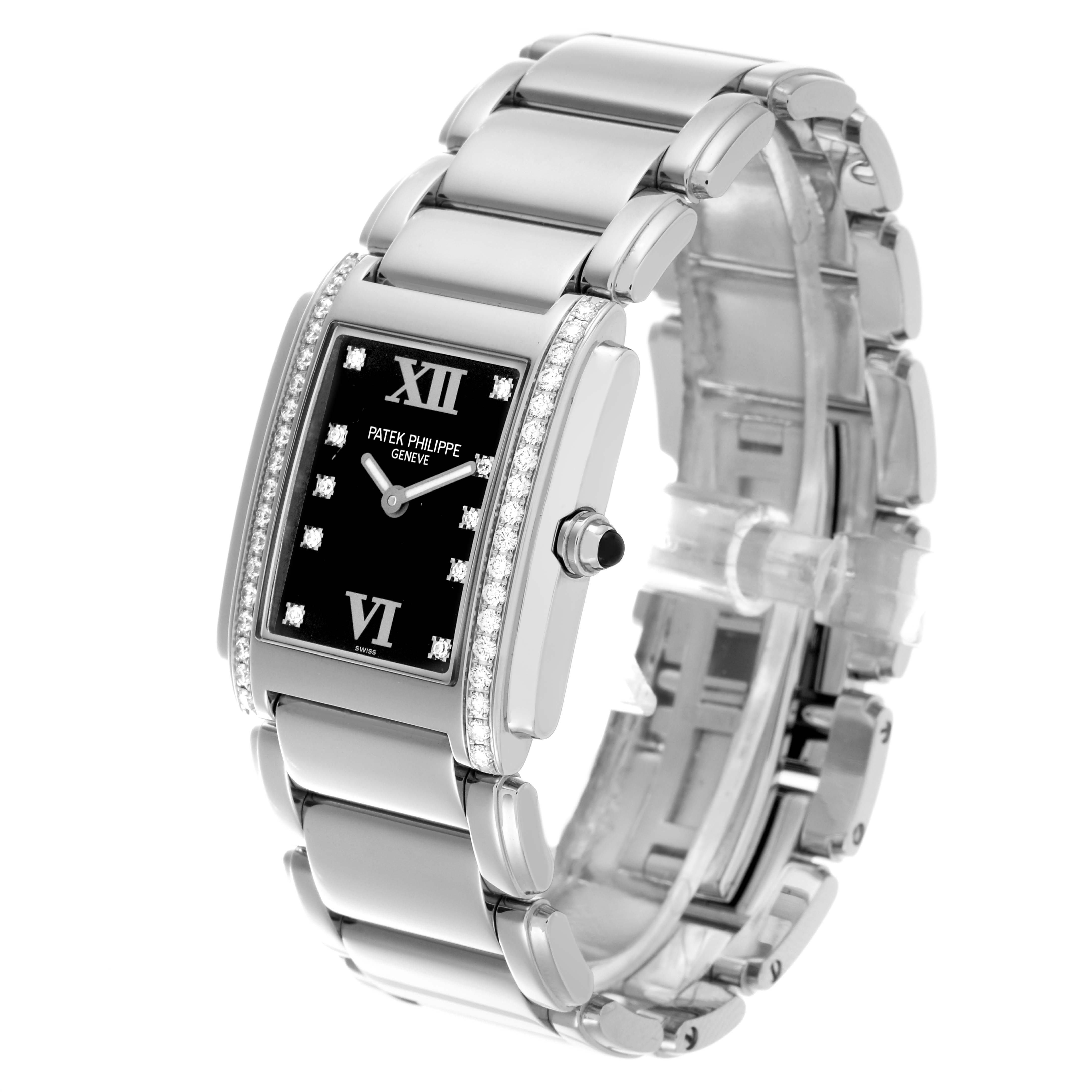 The image shows a Patek Philippe Twenty-4 4910/10A-001 Women's Stainless Steel Black Dial 4910/10A-001 Women's Stainless Steel Black Dial watch at a three-quarter angle, highlighting the rectangular case, dial, and bracelet.