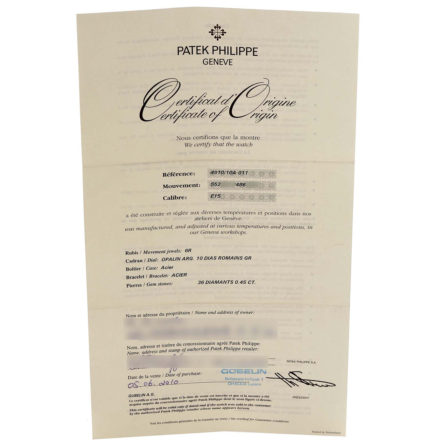 This image shows a Patek Philippe Twenty-4 4910/10A-011 Women's Stainless Steel Silver Dial 4910/10A-011 Women's Stainless Steel Silver Dial Certificate of Origin document, detailing specifications and purchase information.