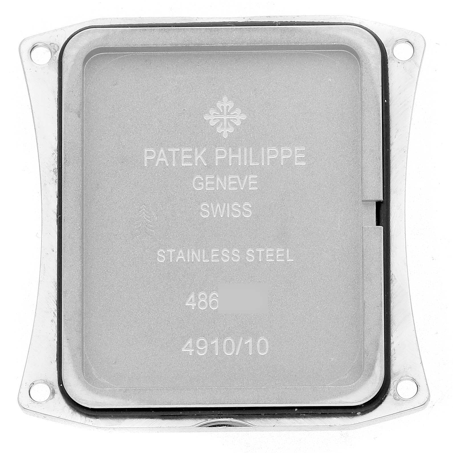 The image shows the back case of the Patek Philippe Twenty-4 4910/10A-011 Women's Stainless Steel Silver Dial 4910/10A-011 Women's Stainless Steel Silver Dial watch, featuring engraved details and stainless steel construction.