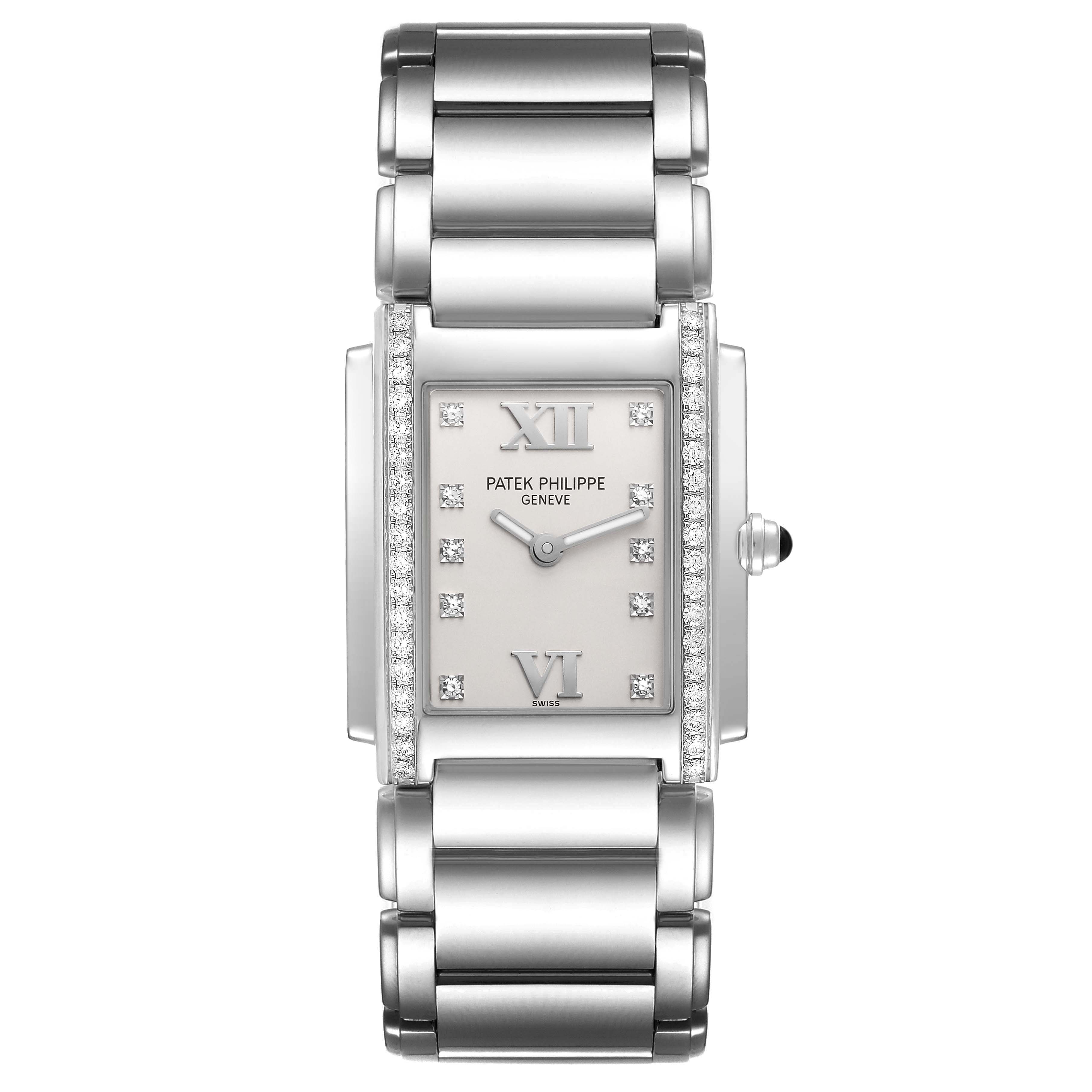 The Patek Philippe Twenty-4 4910/10A-011 Women's Stainless Steel Silver Dial 4910/10A-011 Women's Stainless Steel Silver Dial watch is shown from a front angle, highlighting its rectangular case, bracelet, and diamond accents.