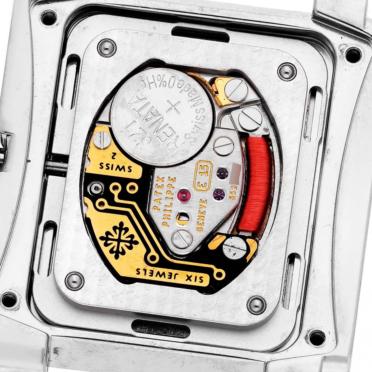 The image shows a close-up of the movement mechanism from the back of a Patek Philippe Twenty-4 4910/10A-011 Women's Stainless Steel Silver Dial 4910/10A-011 Women's Stainless Steel Silver Dial watch.