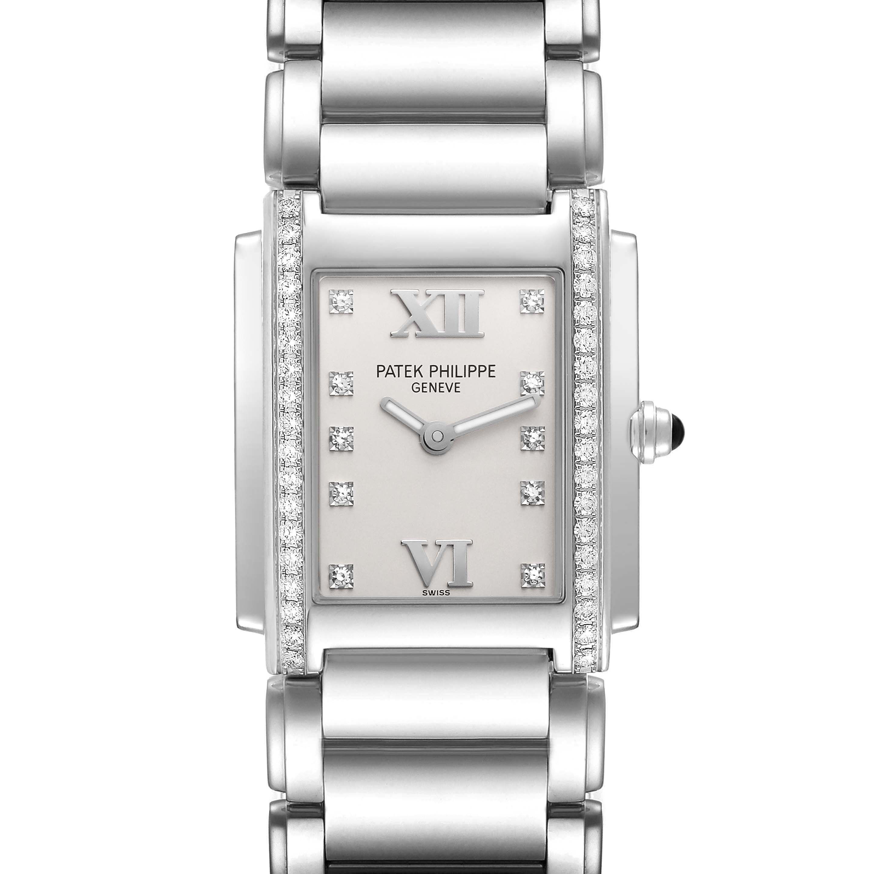 The Patek Philippe Twenty-4 4910/10A-011 Women's Stainless Steel Silver Dial 4910/10A-011 Women's Stainless Steel Silver Dial model is shown from the front, highlighting the dial, rectangular case, and diamond-set bezel.
