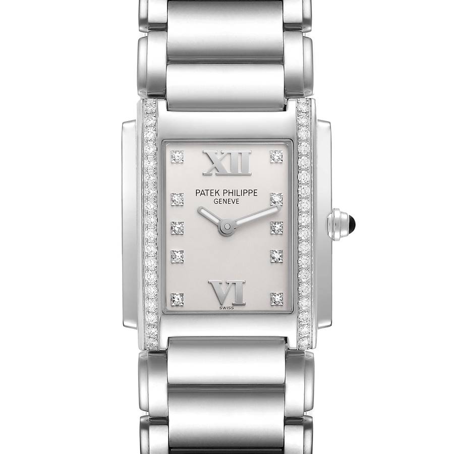 The Patek Philippe Twenty-4 model is shown from the front, highlighting the dial, rectangular case, and diamond-set bezel.