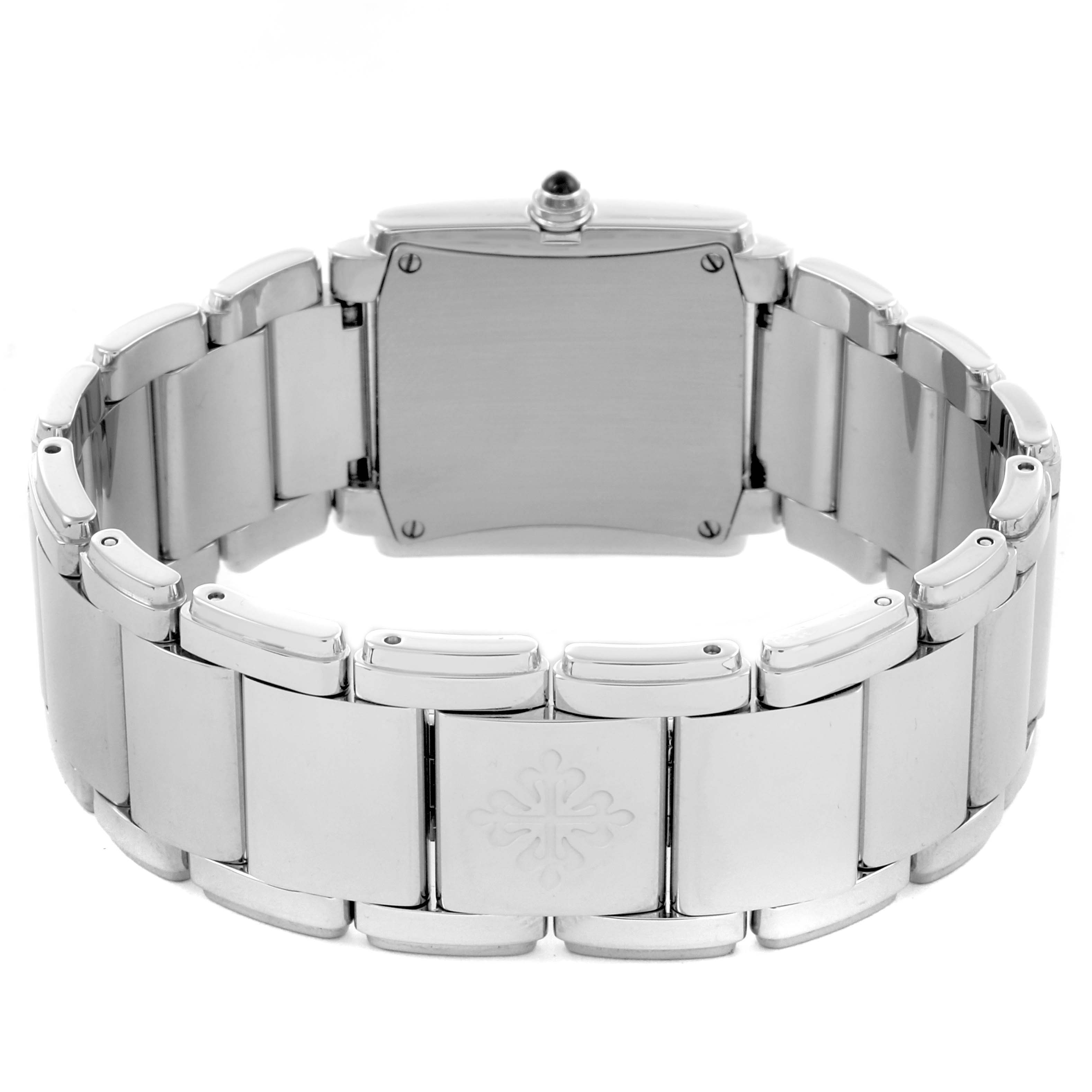 The Patek Philippe Twenty-4 4910/10A-011 Women's Stainless Steel Silver Dial 4910/10A-011 Women's Stainless Steel Silver Dial watch is shown from the back, highlighting the stainless steel bracelet and clasp with logo.