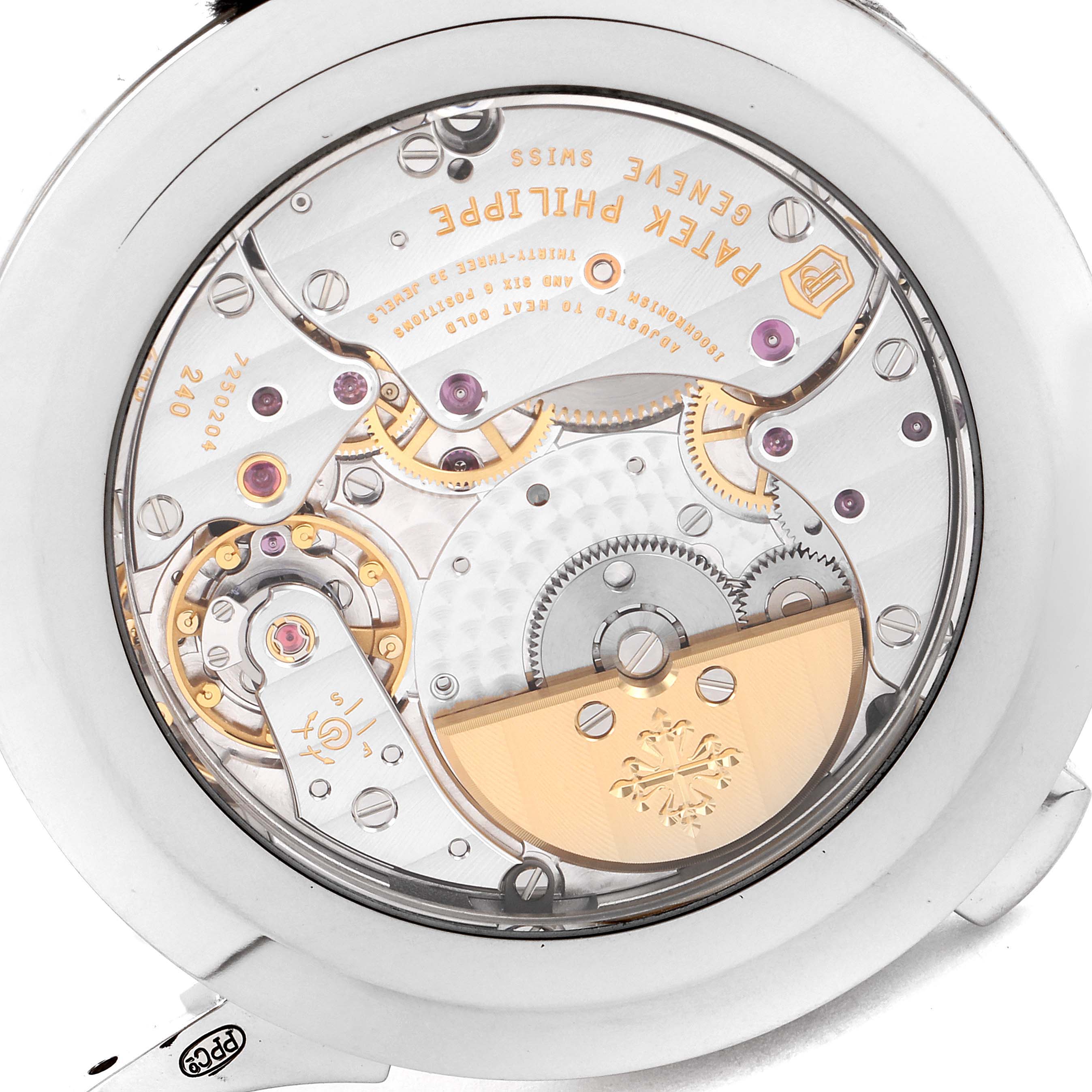 This image shows the back of the watch movement for the Patek Philippe Complications 5230G Men's White Gold Grey Dial 5230G Men's White Gold Grey Dial model.
