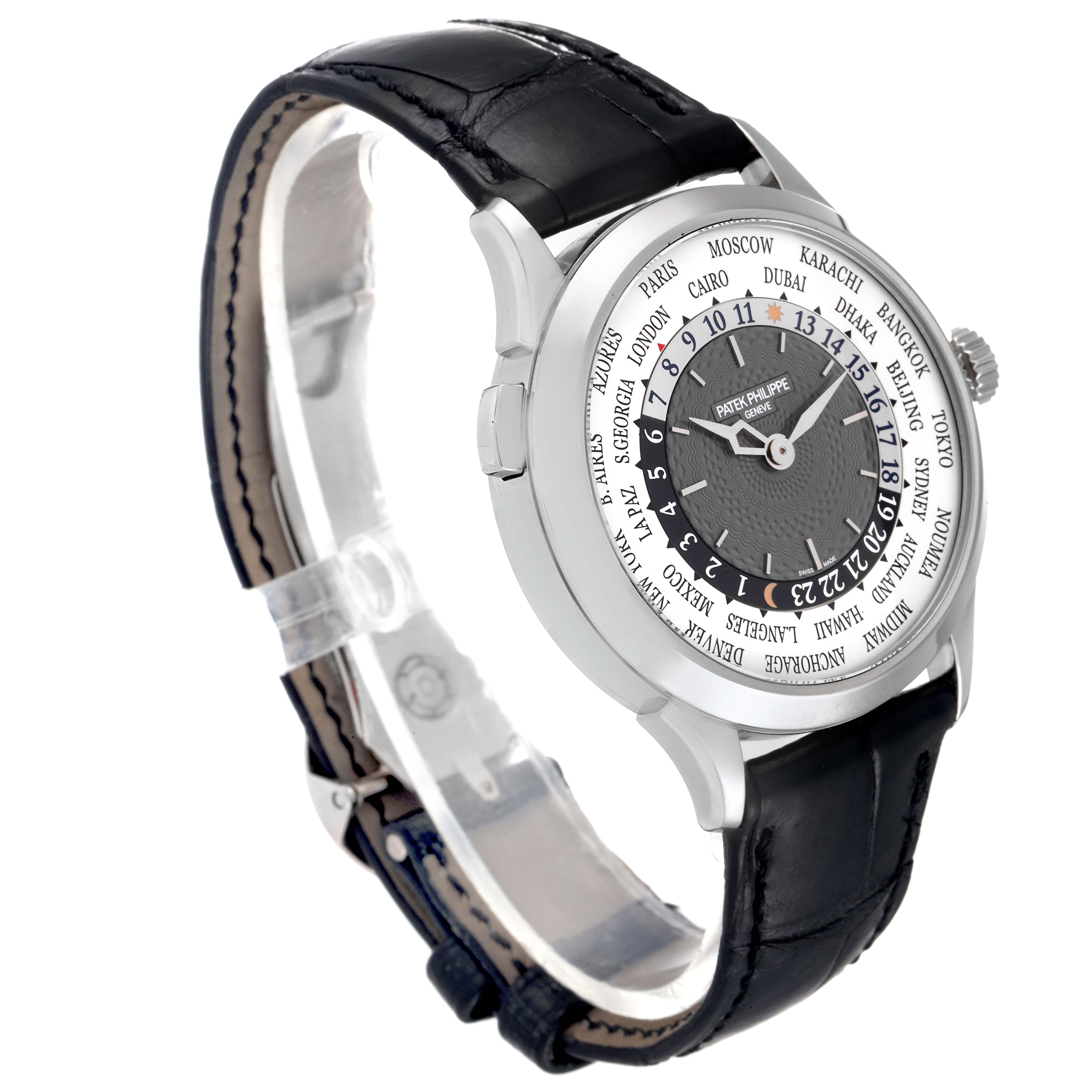 The image shows a side angle of the Patek Philippe Complications 5230G Men's White Gold Grey Dial 5230G Men's White Gold Grey Dial watch, displaying its face, bezel, and black leather strap.