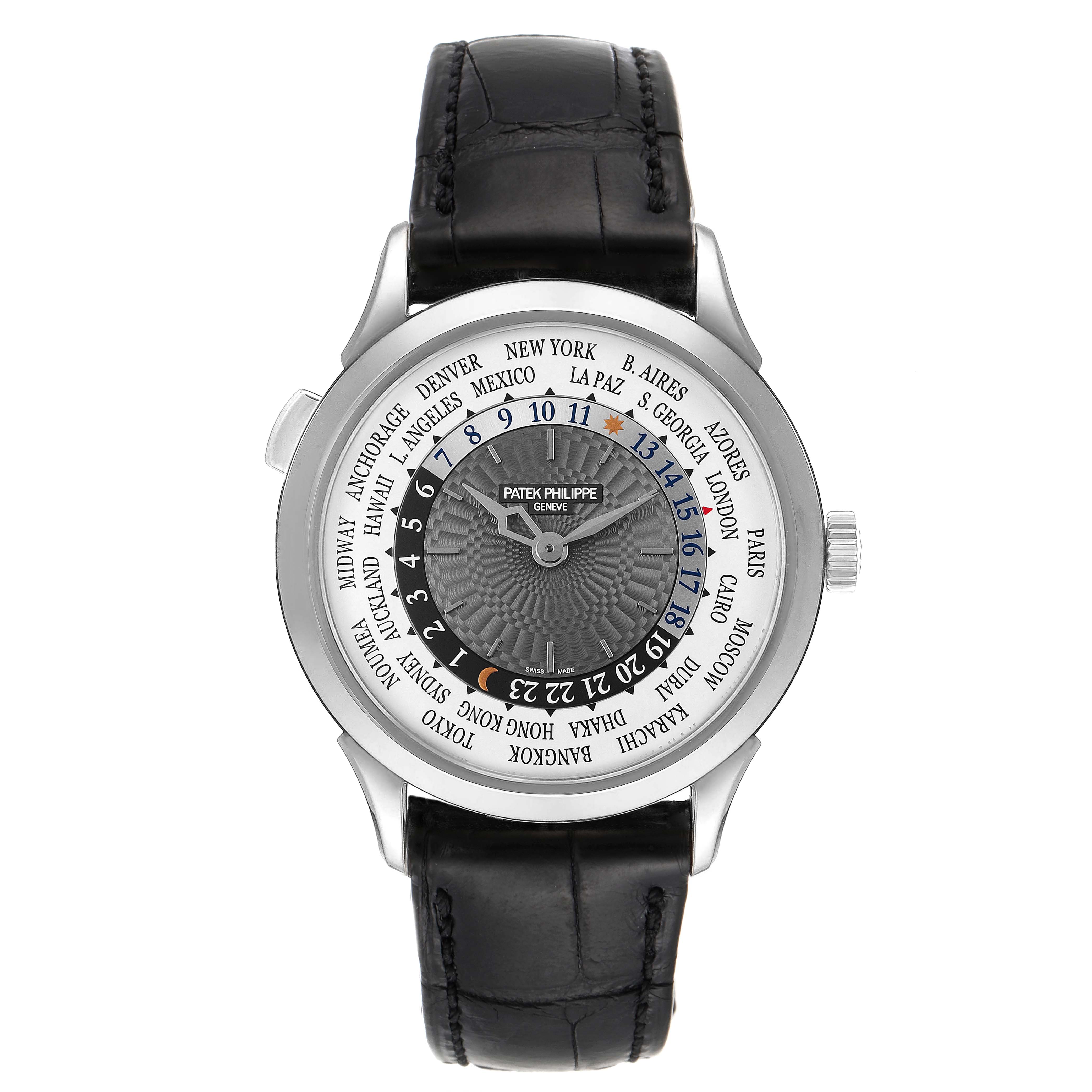 The image shows a front view of the Patek Philippe Complications 5230G Men's White Gold Grey Dial 5230G Men's White Gold Grey Dial model, displaying its dial, markers, and black leather strap.