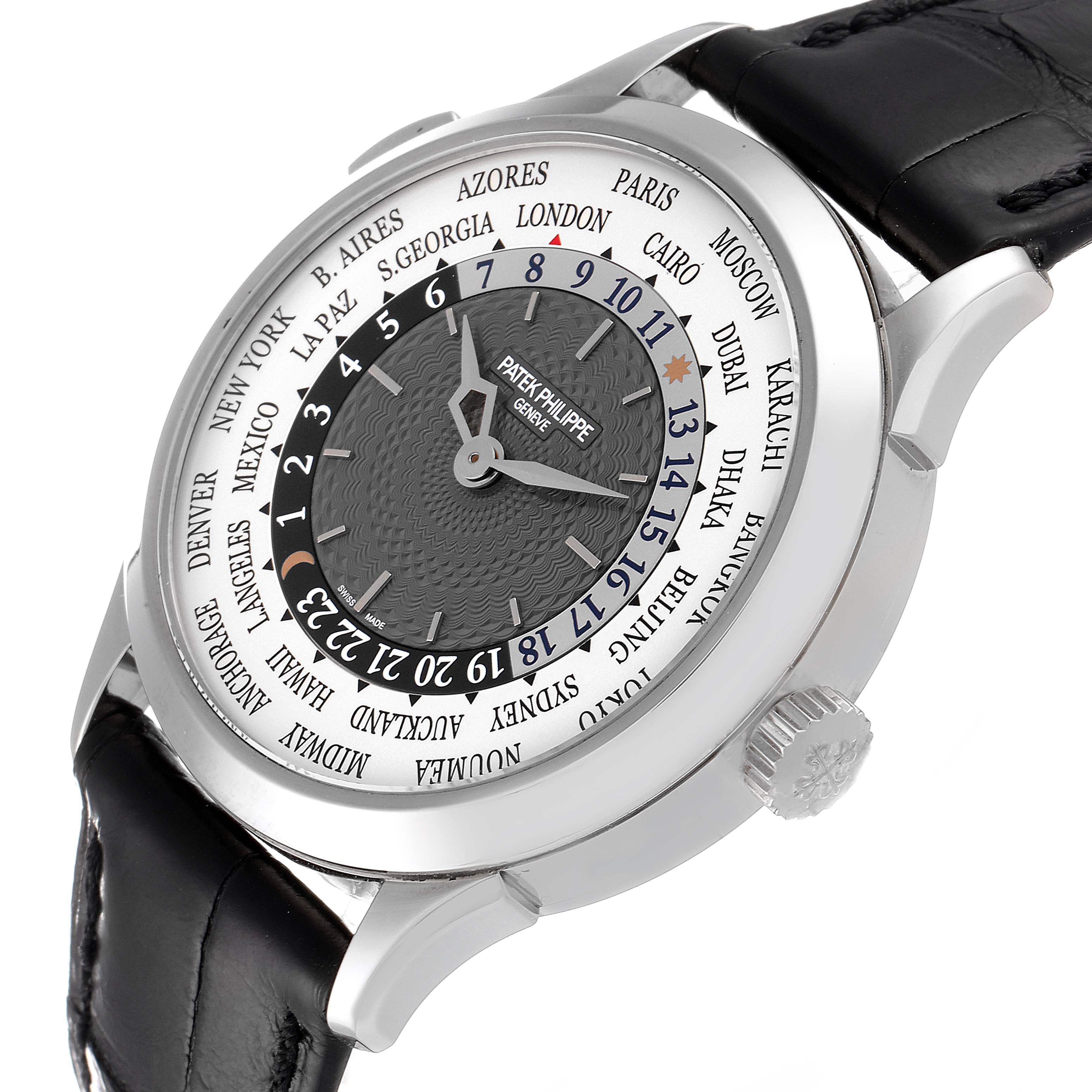 The image shows a front and slightly angled view of the Patek Philippe Complications 5230G Men's White Gold Grey Dial 5230G Men's White Gold Grey Dial model watch, displaying the dial, case, and strap.