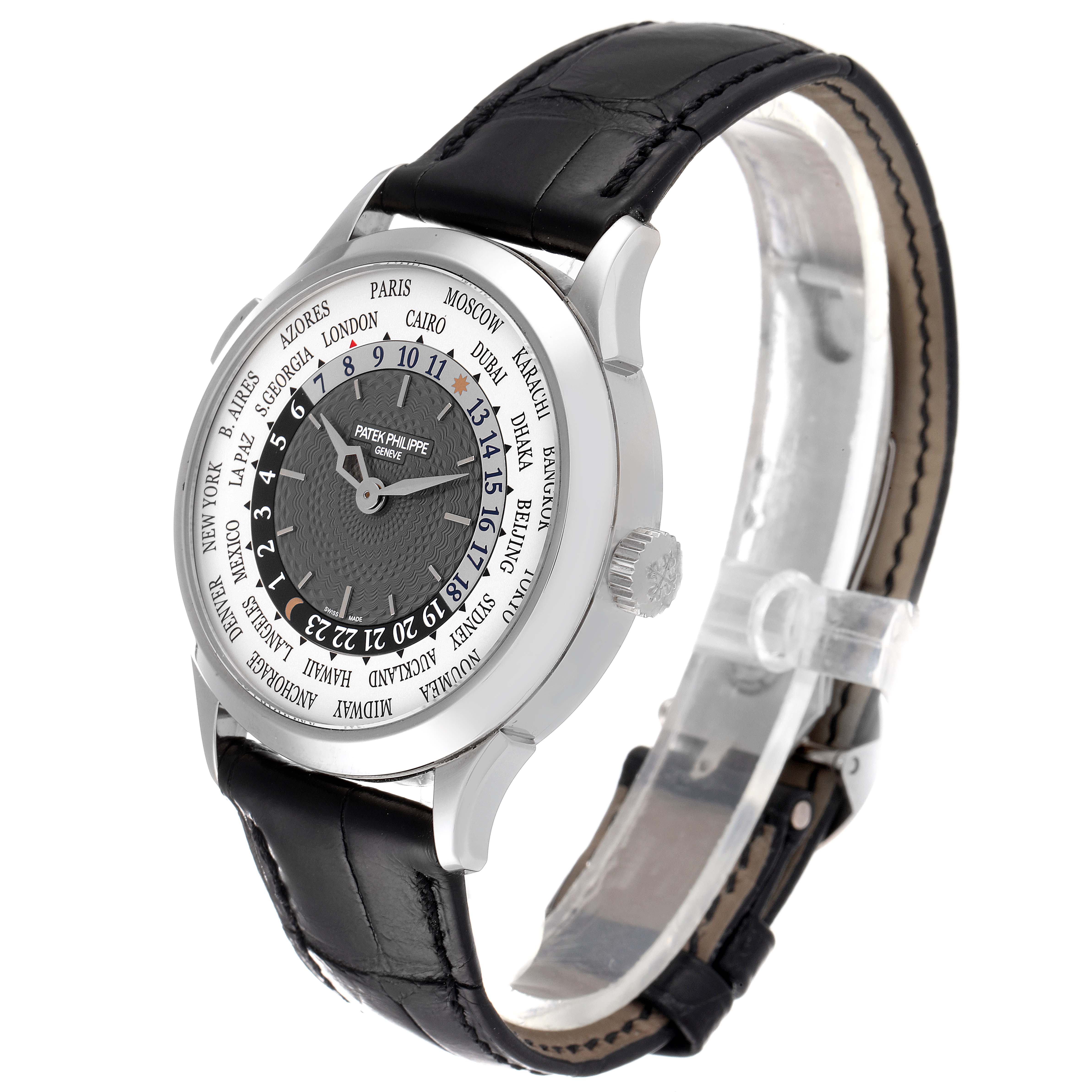 The image shows a front and slightly angled view of the Patek Philippe Complications 5230G Men's White Gold Grey Dial 5230G Men's White Gold Grey Dial watch, highlighting its dial, bezel, and leather strap.