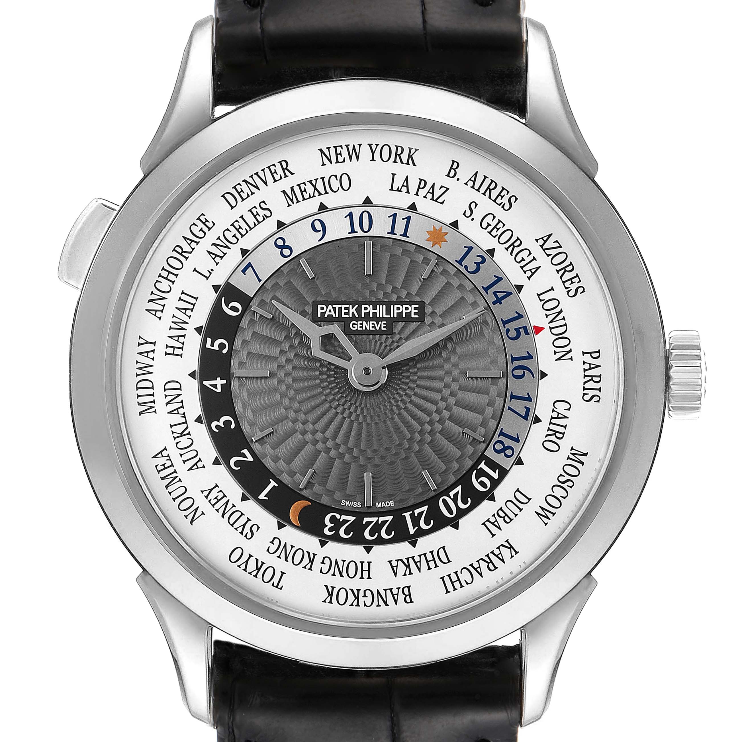 The image shows a front view of the Patek Philippe Complications 5230G Men's White Gold Grey Dial 5230G Men's White Gold Grey Dial watch, highlighting its dial with multiple time zone markings.