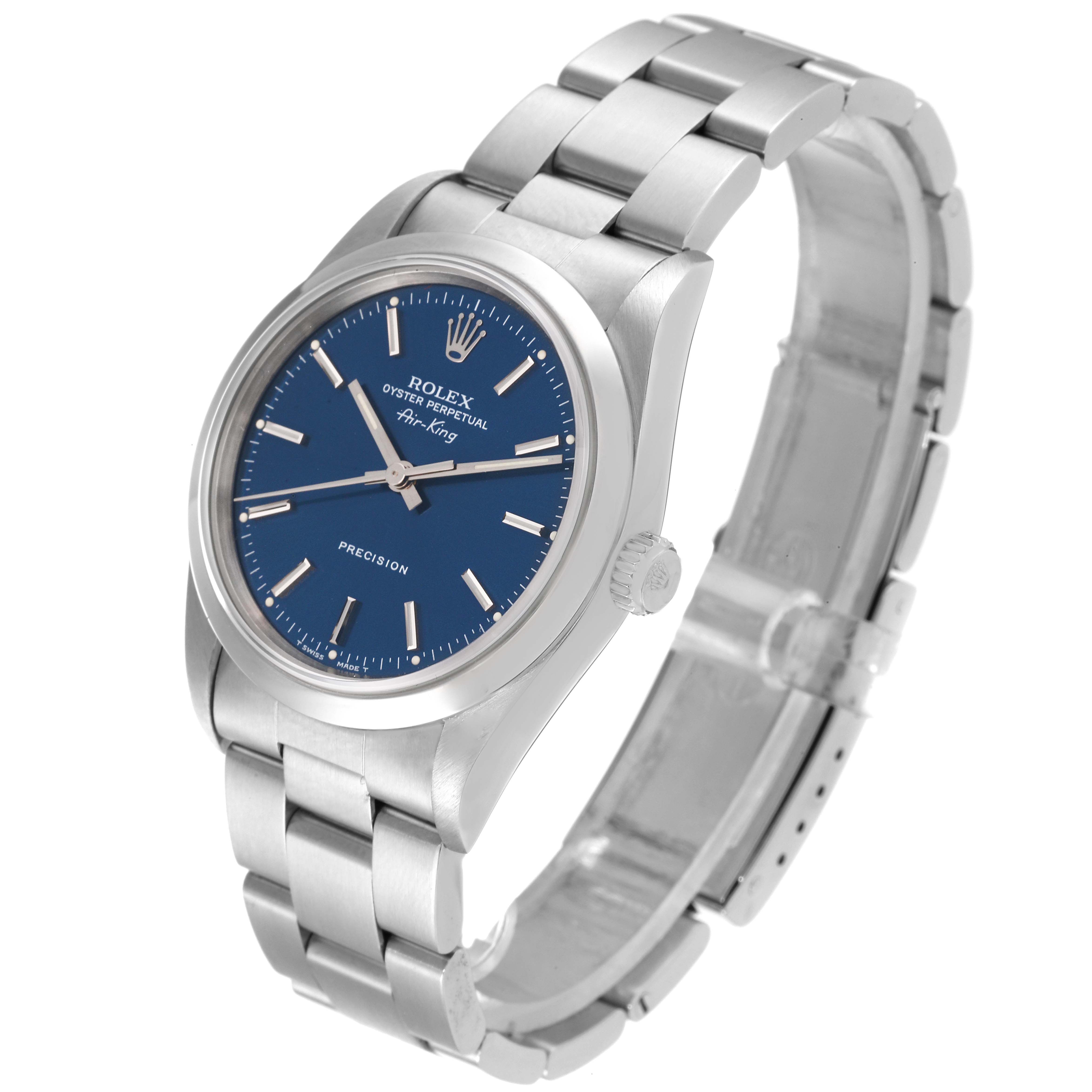 The Rolex Air-King 14000 Men's Stainless Steel Blue Dial 14000 Men's Stainless Steel Blue Dial watch is shown at a slight left-side angle, displaying the face, bezel, case, crown, and bracelet.