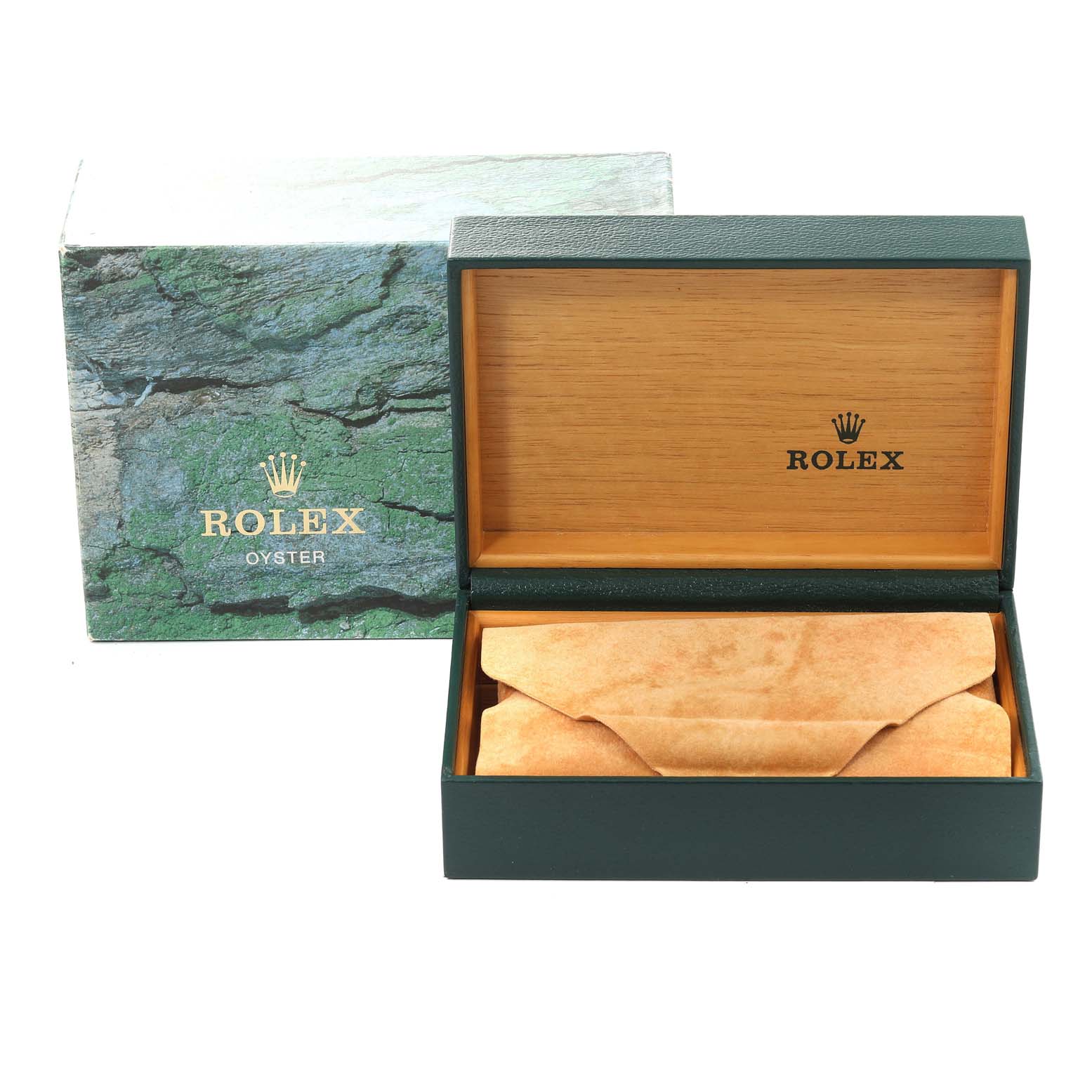 The image shows an open Rolex Air-King 14000 Men's Stainless Steel Blue Dial 14000 Men's Stainless Steel Blue Dial watch box and an outer packaging box from the front angle.