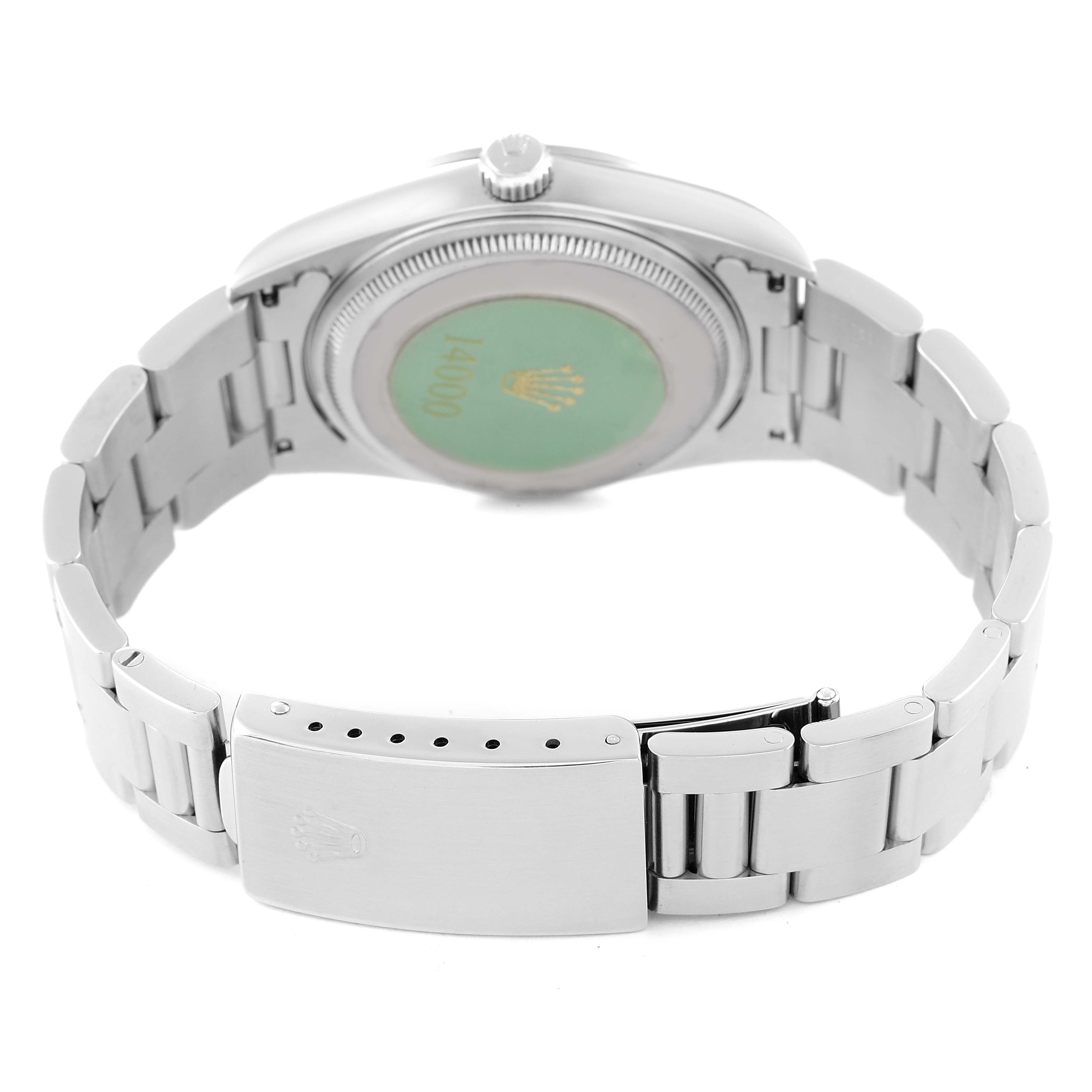 The image shows the backside of a Rolex Air-King 14000 Men's Stainless Steel Blue Dial 14000 Men's Stainless Steel Blue Dial watch, with the case back and bracelet clearly visible.