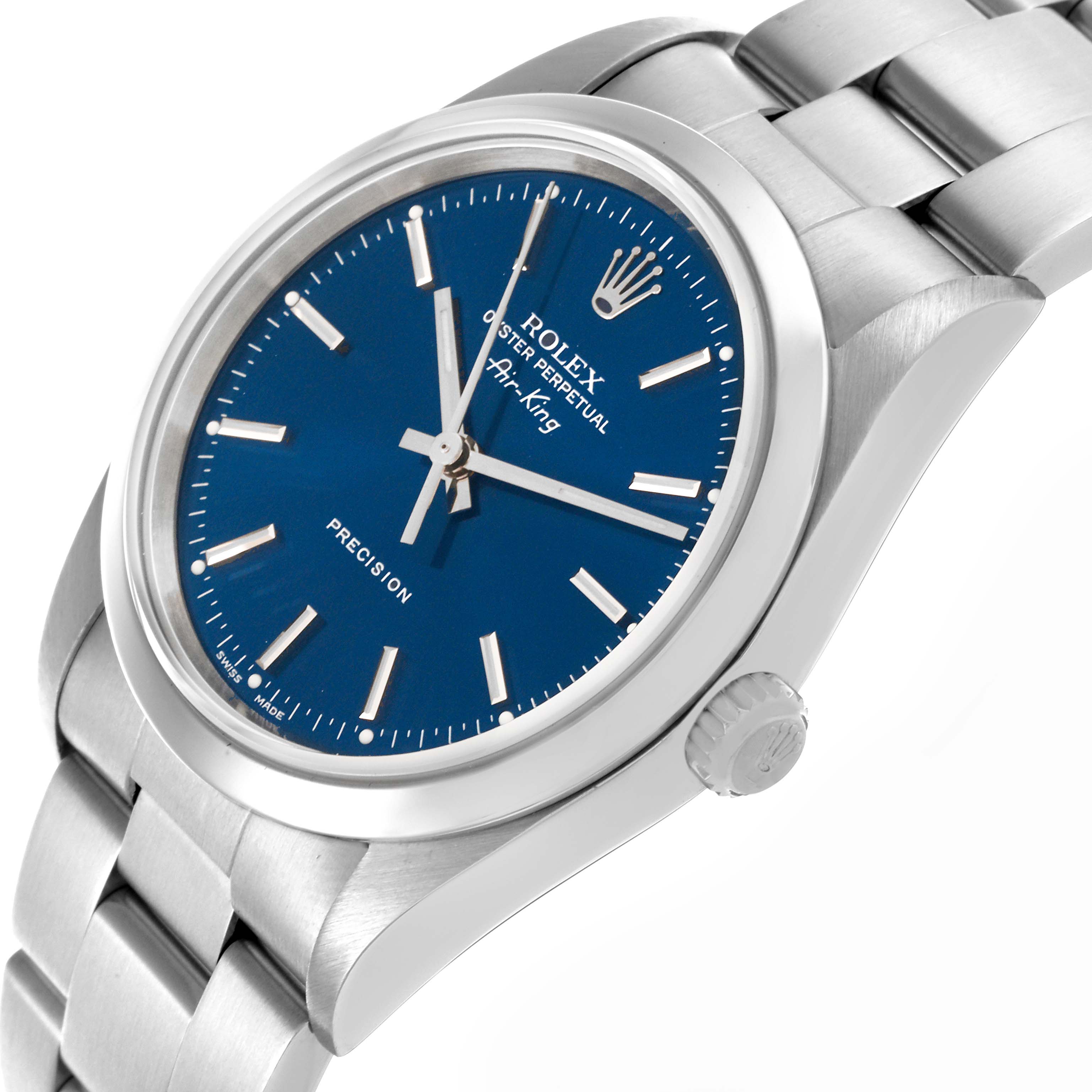 The Rolex Air-King 14000 Men's Stainless Steel Blue Dial 14000 Men's Stainless Steel Blue Dial watch is shown at a slight side angle, displaying its blue dial, bezel, crown, and part of the bracelet.