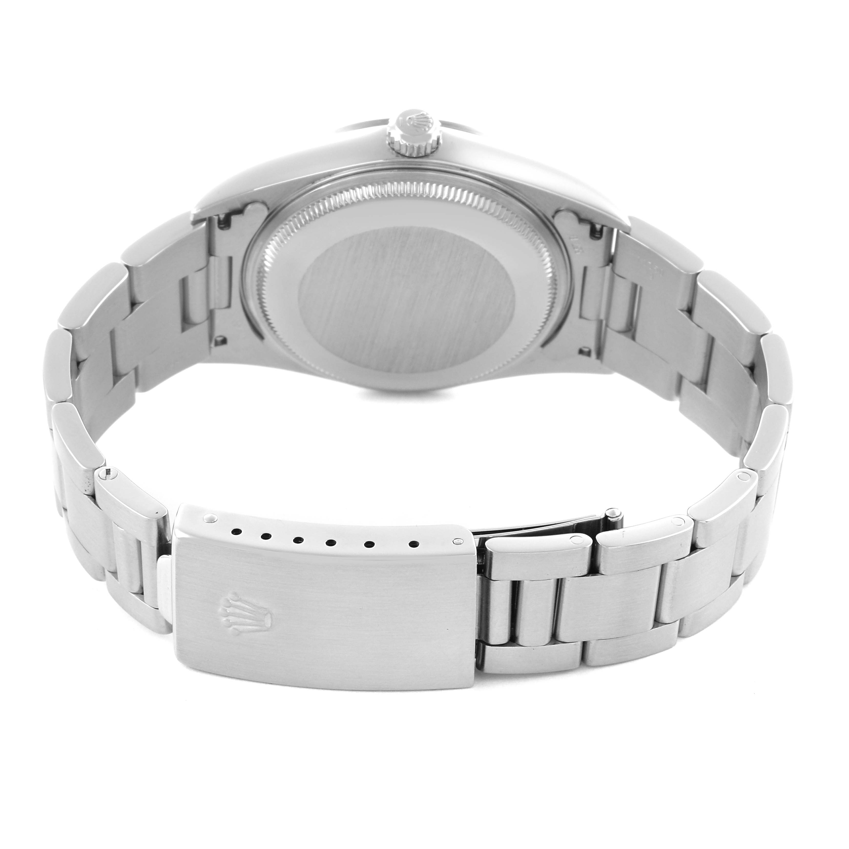 The image shows the back of the Rolex Air-King 14000 Men's Stainless Steel Blue Dial 14000 Men's Stainless Steel Blue Dial, highlighting the bracelet, clasp, and case back.