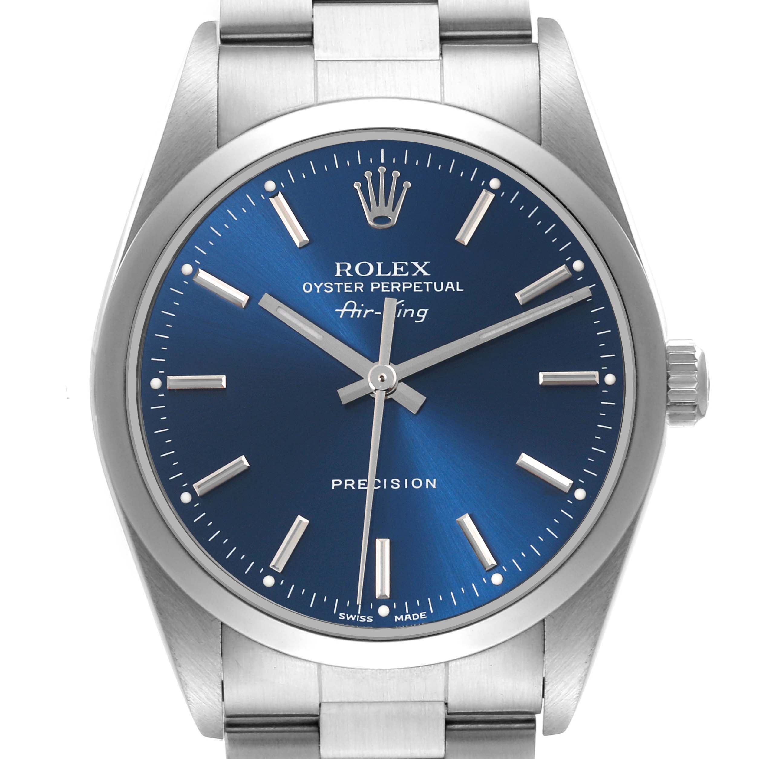The Rolex Air-King 14000 Men's Stainless Steel Blue Dial 14000 Men's Stainless Steel Blue Dial watch is shown from a front angle, displaying the face, crown, and part of the bracelet.