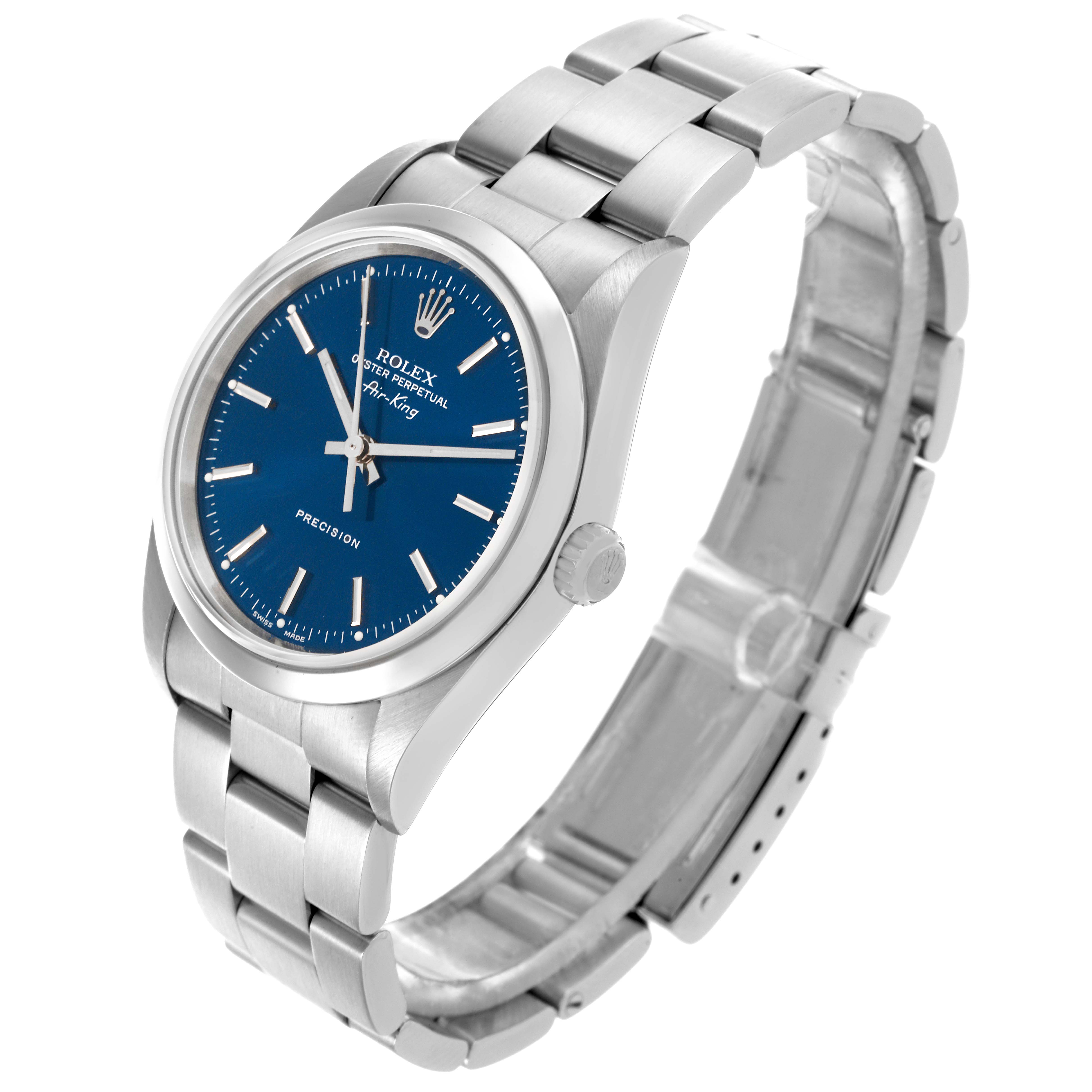 The Rolex Air-King 14000 Men's Stainless Steel Blue Dial 14000 Men's Stainless Steel Blue Dial watch is shown at a three-quarter angle, displaying the blue dial, bezel, case, and bracelet.