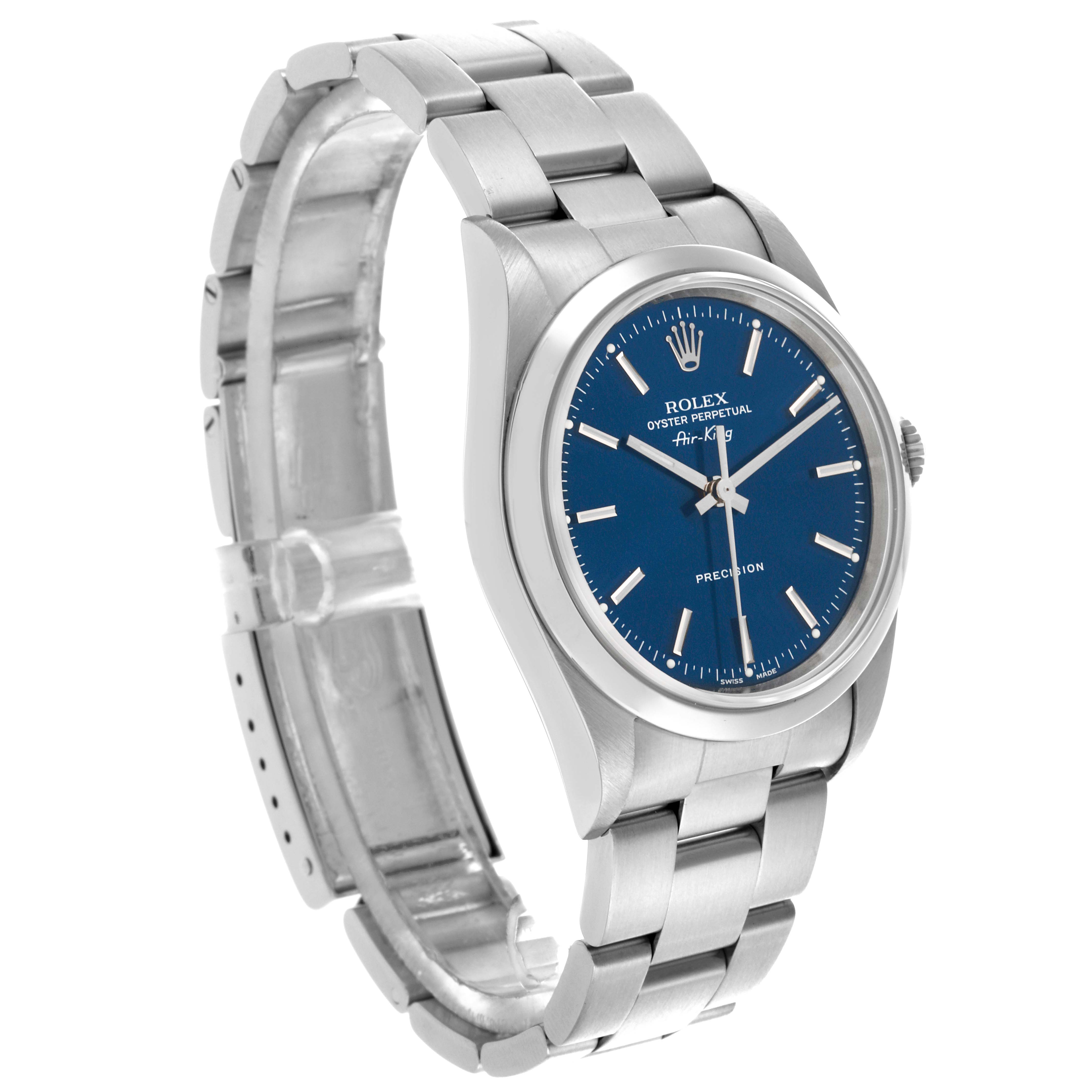 The Rolex Air-King 14000 Men's Stainless Steel Blue Dial 14000 Men's Stainless Steel Blue Dial watch is shown at a right angle, displaying its blue dial, metal bracelet, and side profile.