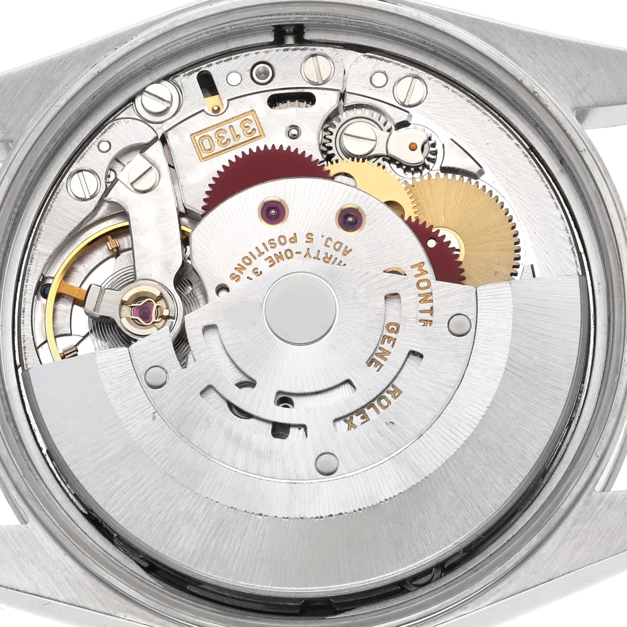 The image shows the movement of a Rolex Air-King 14000 Men's Stainless Steel Blue Dial 14000 Men's Stainless Steel Blue Dial watch from a top-down angle, highlighting gears and mechanical components.